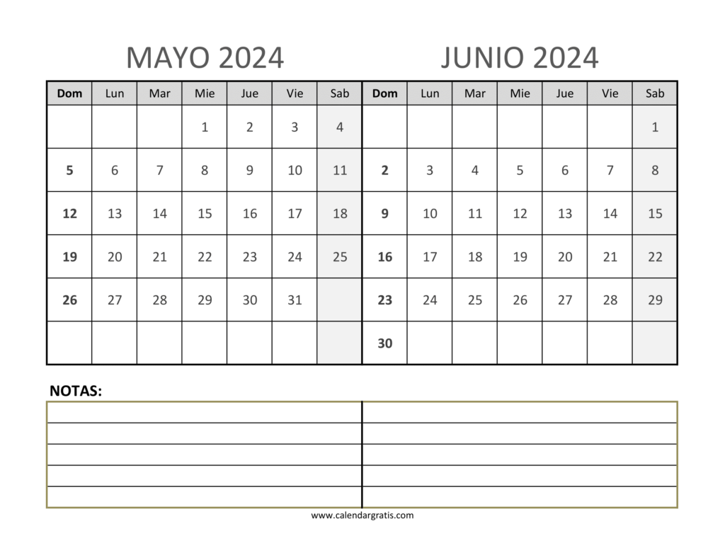 Calendario Mayo y Junio 2024 Notas para imprimir