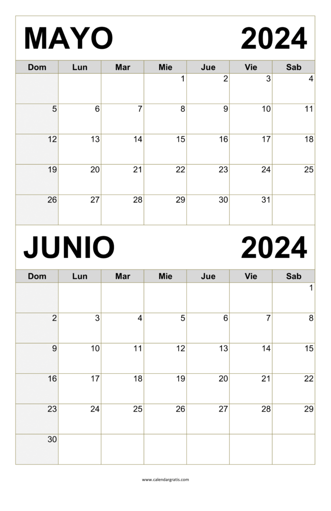 Calendario Mayo y Junio 2024 Para Imprimir