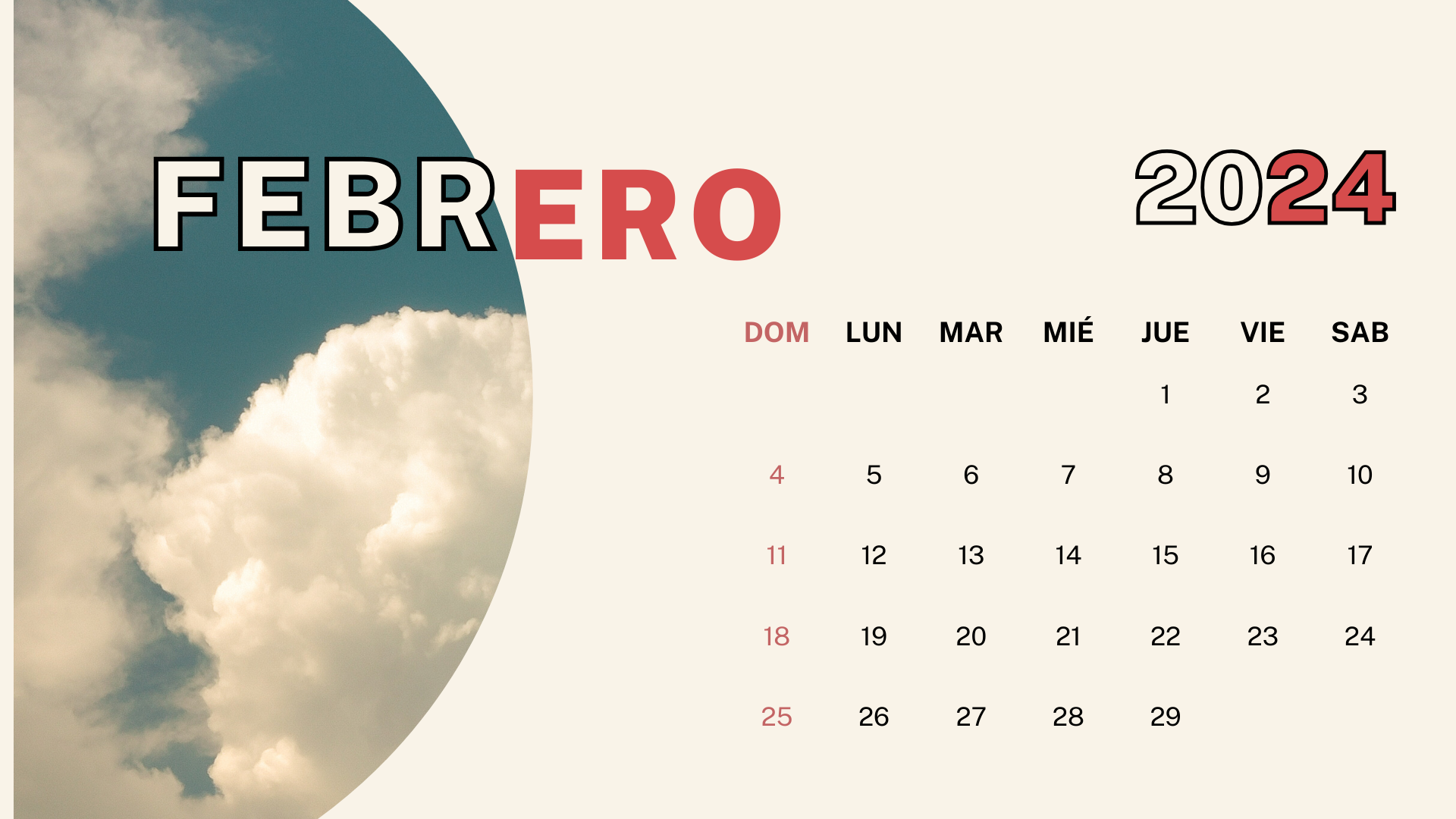 Calendario febrero de 2024 centrado en fotografías beige y rojo