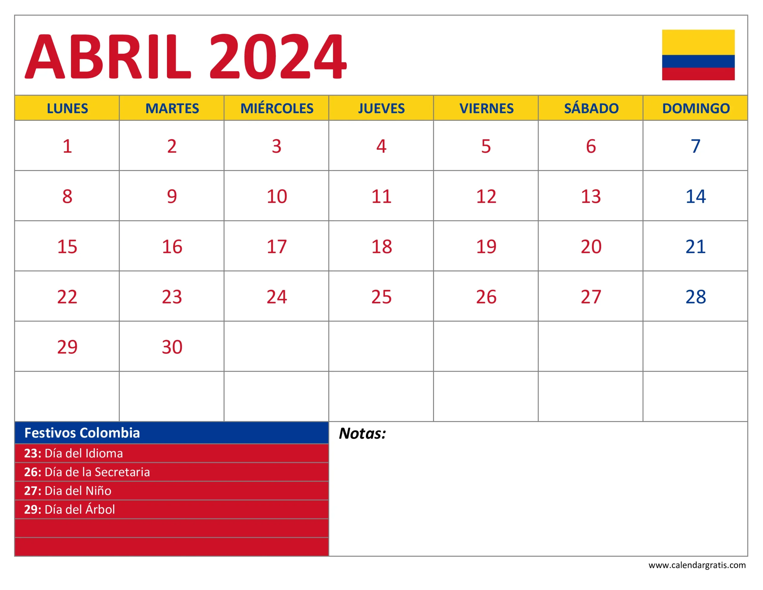Calendario Abril 2024 Colombia con Festivos