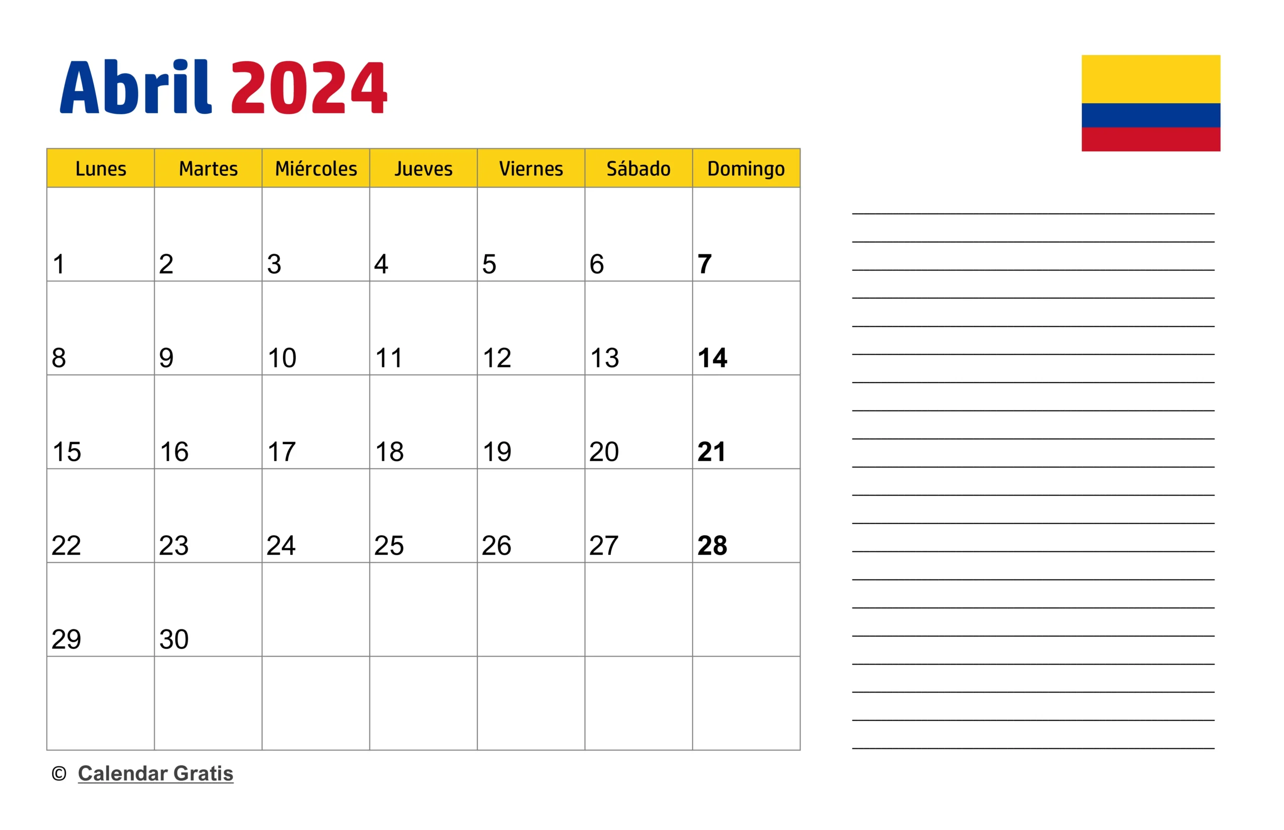 Calendario Abril 2024 Colombia para Imprimir con Notas