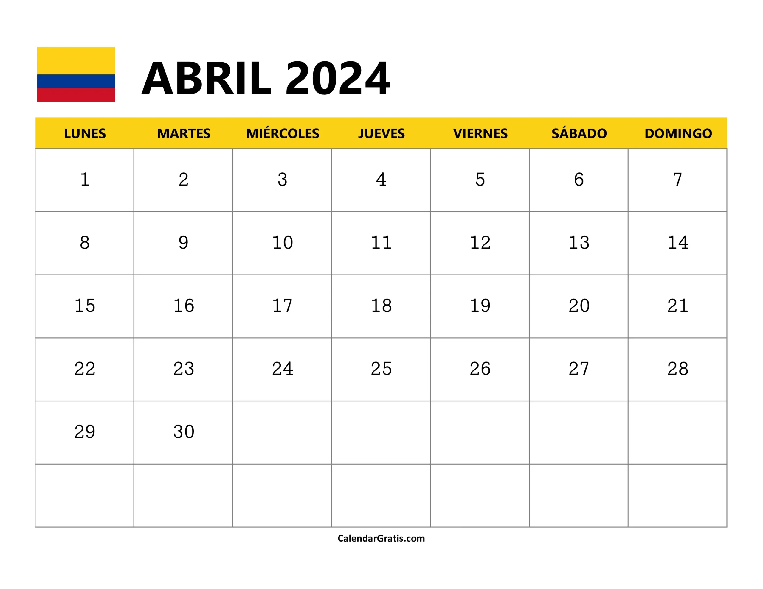 Calendario Abril 2024 Colombia