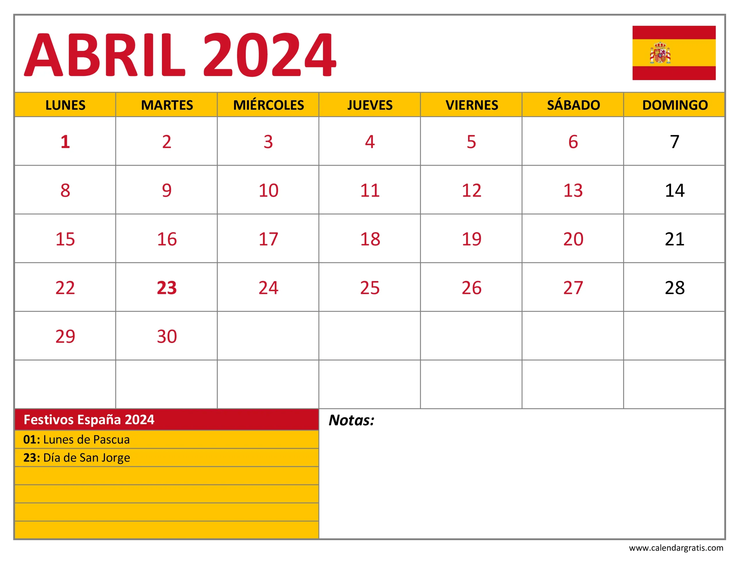 Calendario Abril 2024 España con Festivos