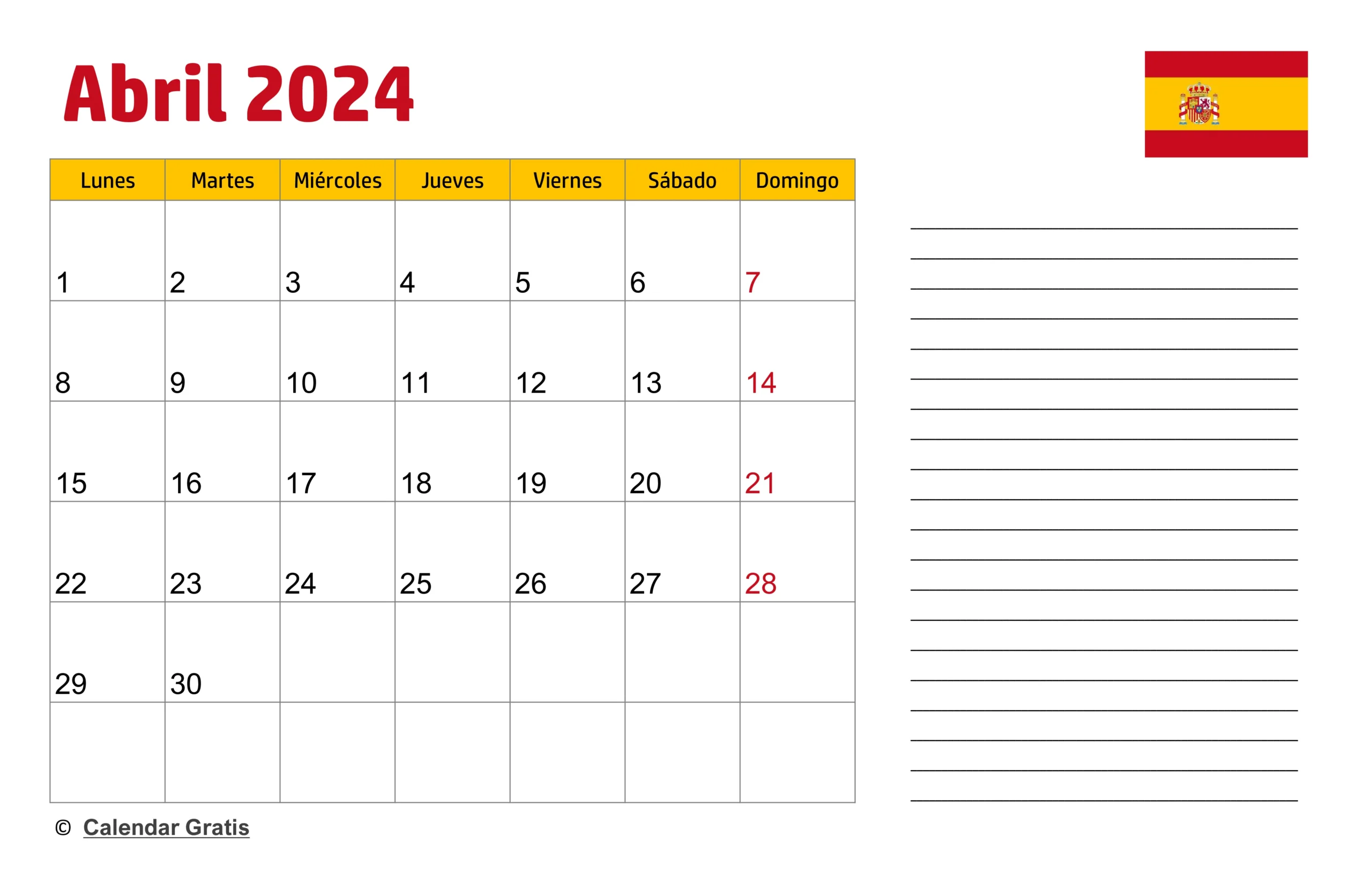 Calendario Abril 2024 España con Notas