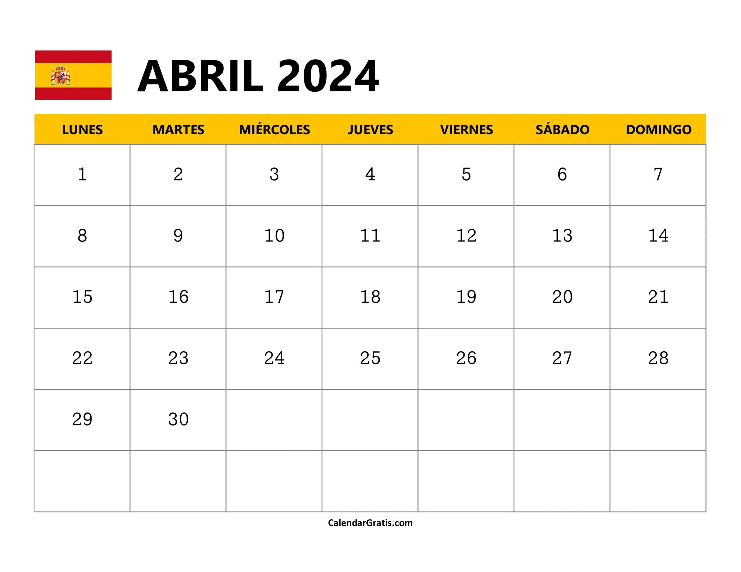 Calendario Abril 2024 España para Imprimir