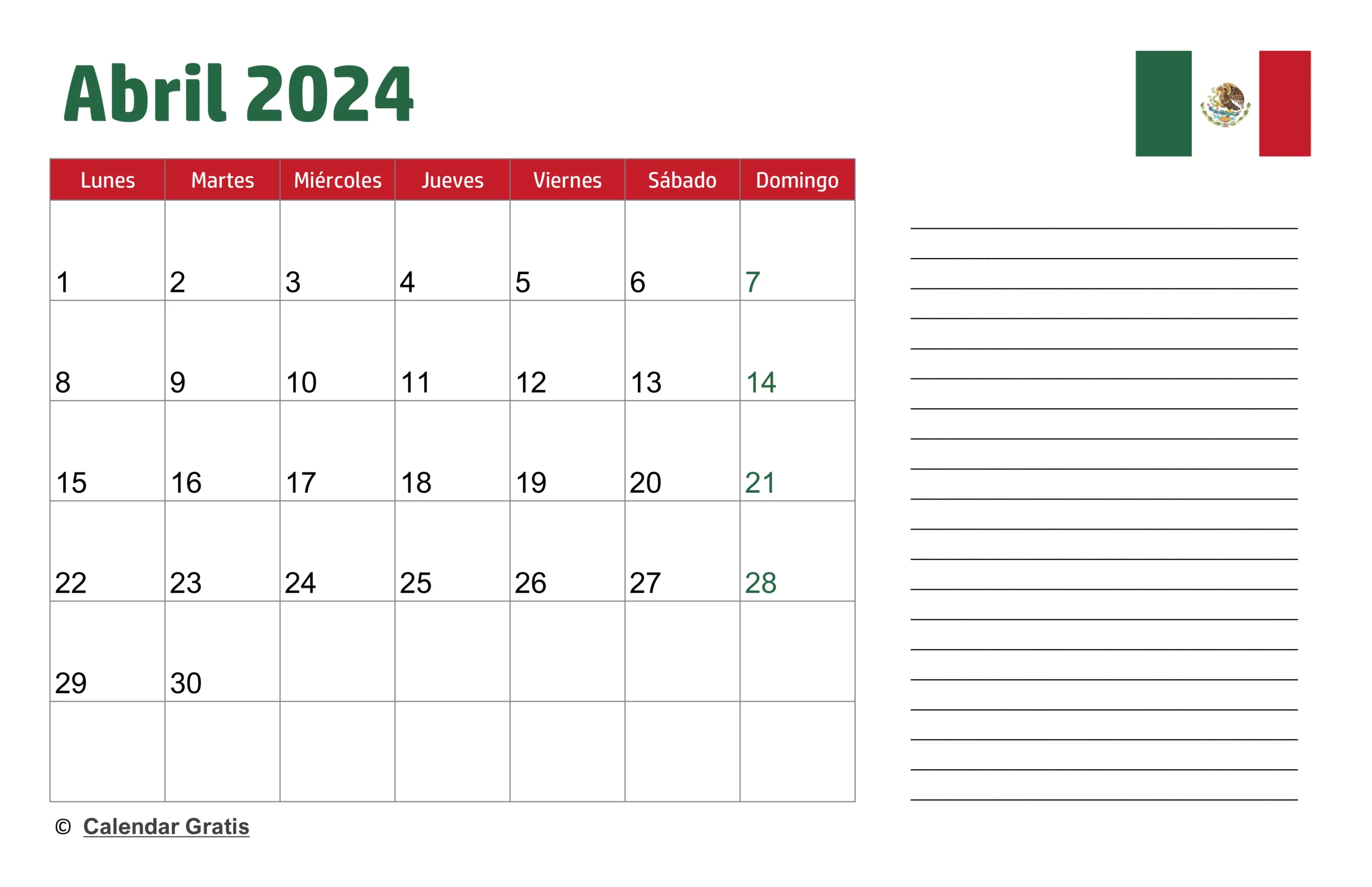 Calendario Abril 2024 México con Notas, en español con la bandera de México en la esquina superior derecha, listo para anotaciones y citas.