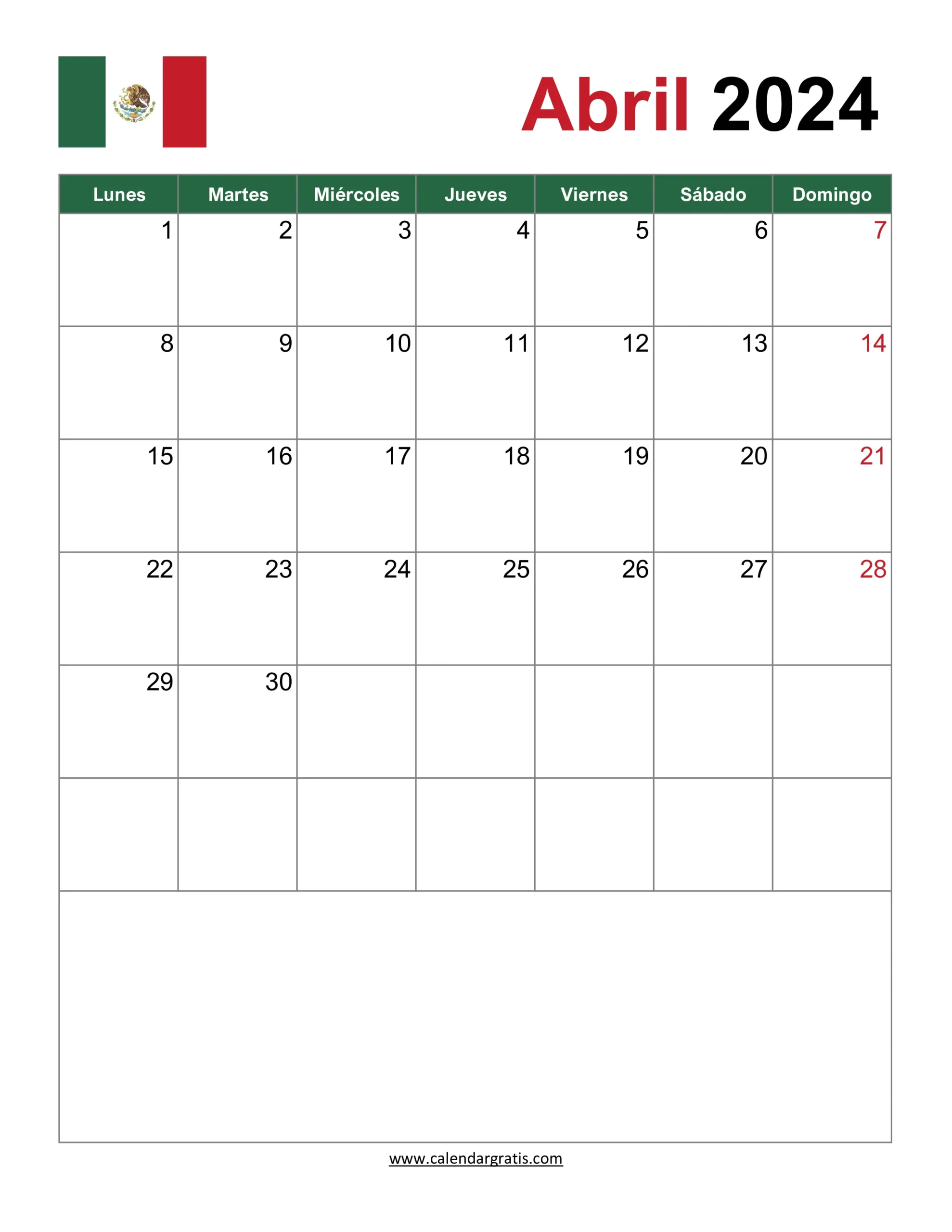 Calendario Abril 2024 para Imprimir con la bandera mexicana en la parte superior, las semanas comienzan el lunes y terminan el domingo.