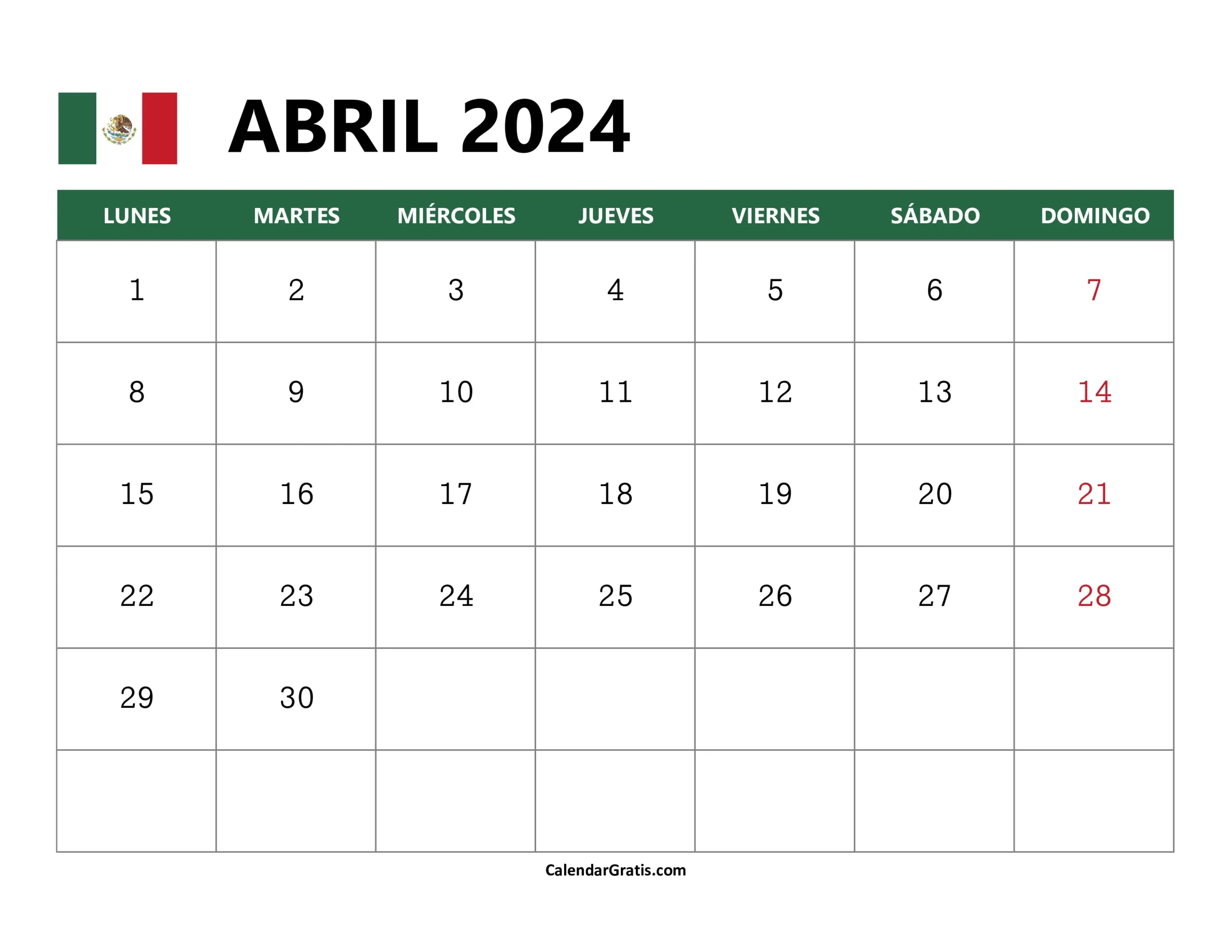 Calendario México Abril 2024 para imprimir gratis con la bandera mexicana, marcando las fechas del domingo en rojo para indicar días festivos.