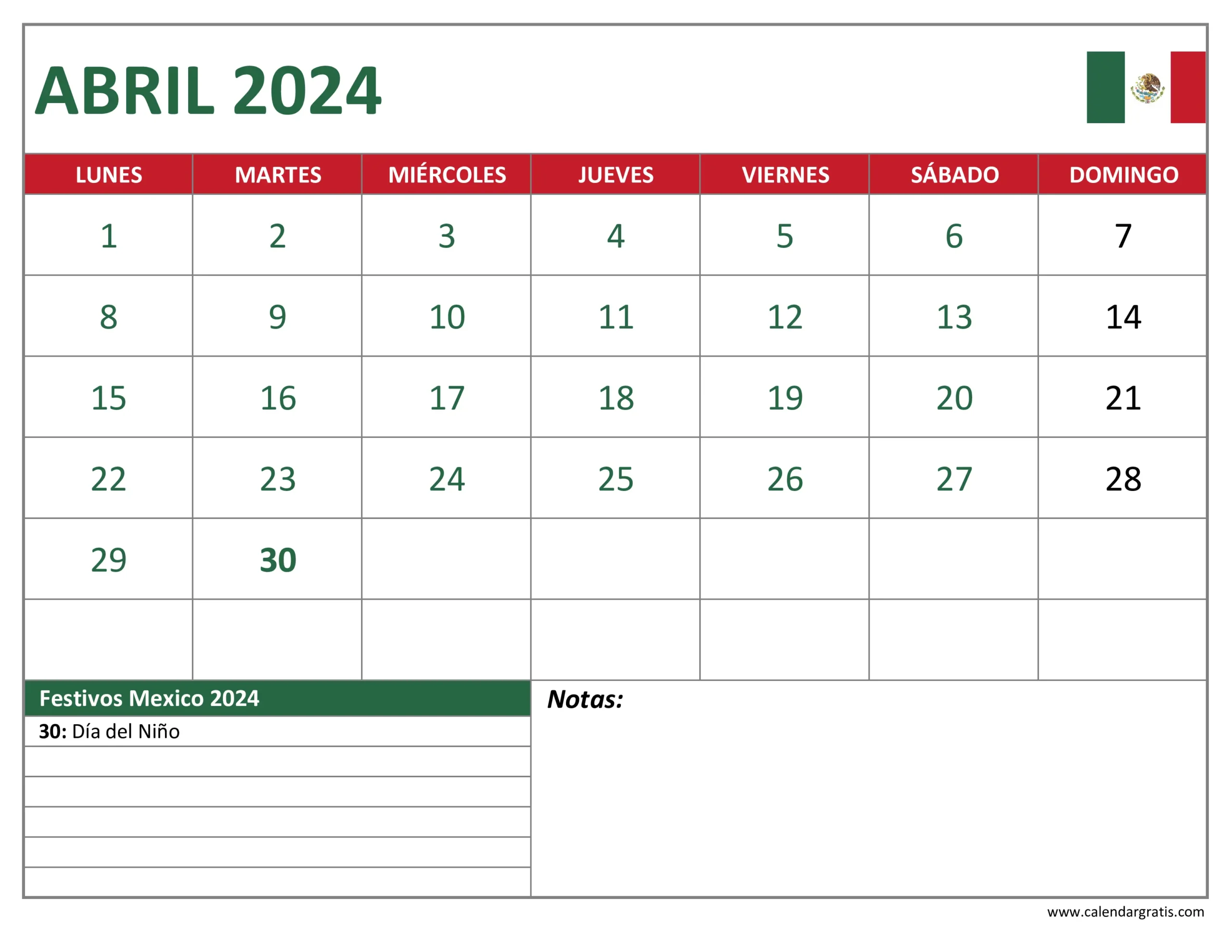 Calendario Abril 2024 con Festivos Mexico, señalando especialmente el "día del niño" el 30 de abril.