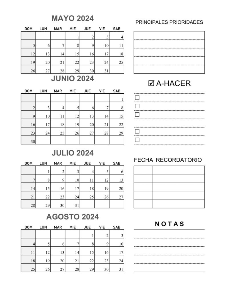 Calendario Mayo Junio Julio y Agosto 2024 Notas