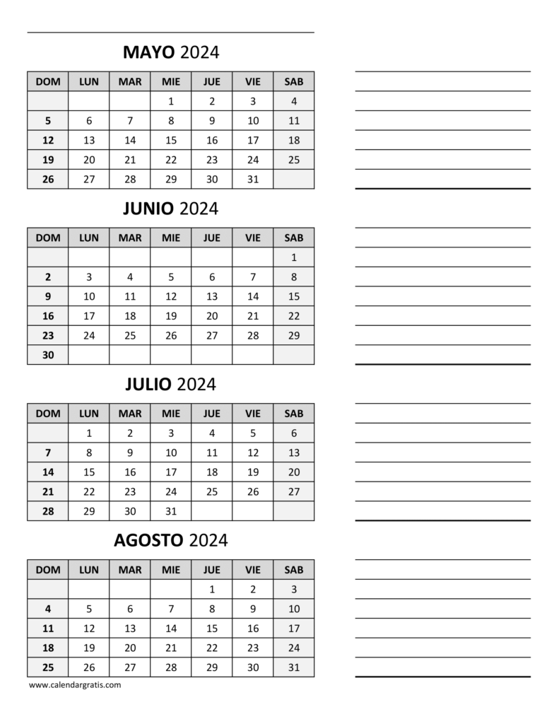 Calendario Mayo Junio Julio y Agosto 2024 Para Imprimir