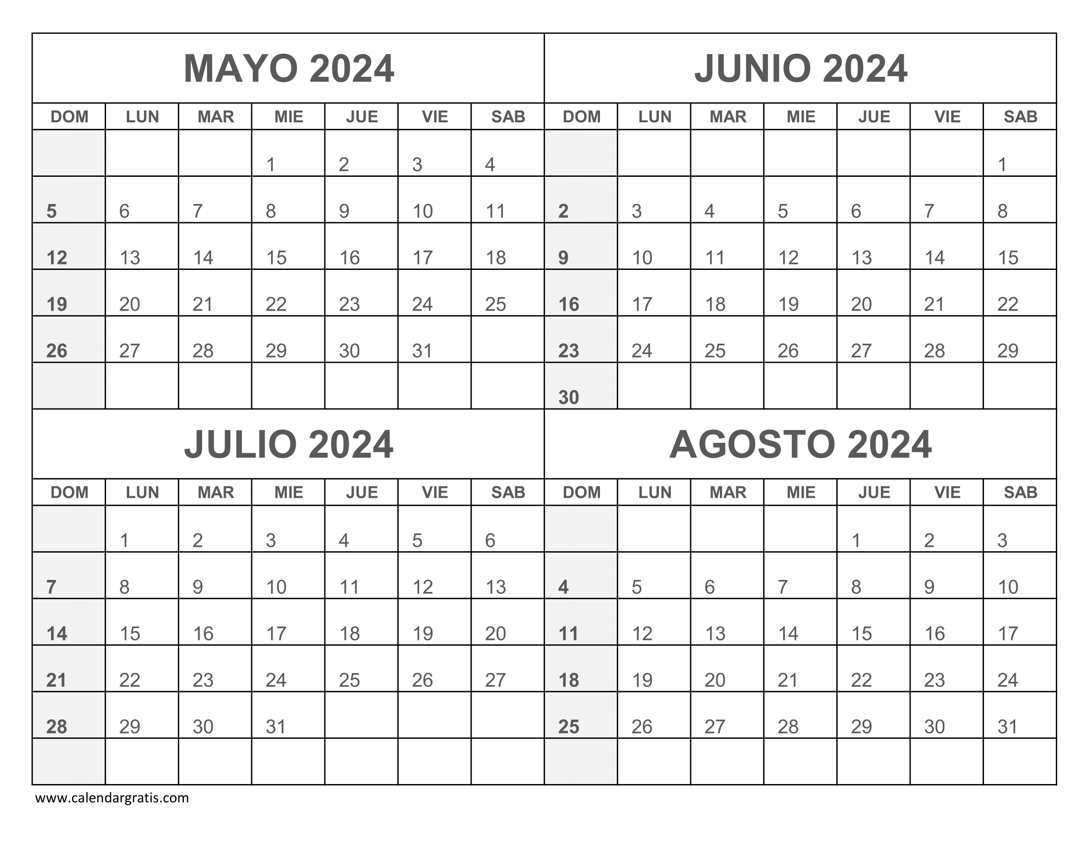 Calendario Mayo Junio Julio y Agosto 2024