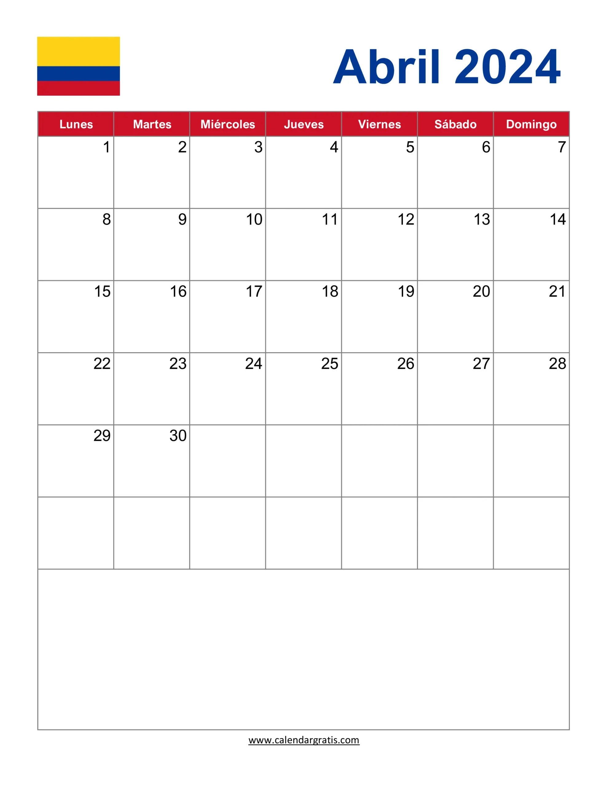 Calendario Abril 2024 Colombia para Imprimir