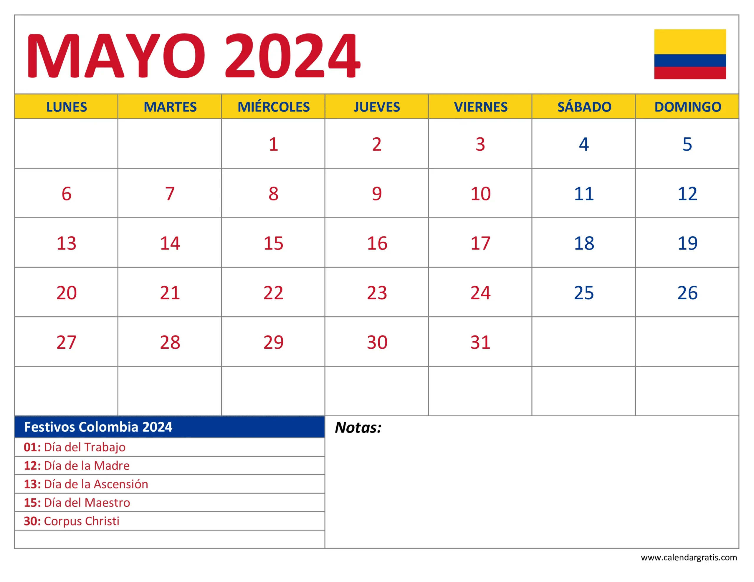 Calendario Mayo 2024 Colombia con Festivos