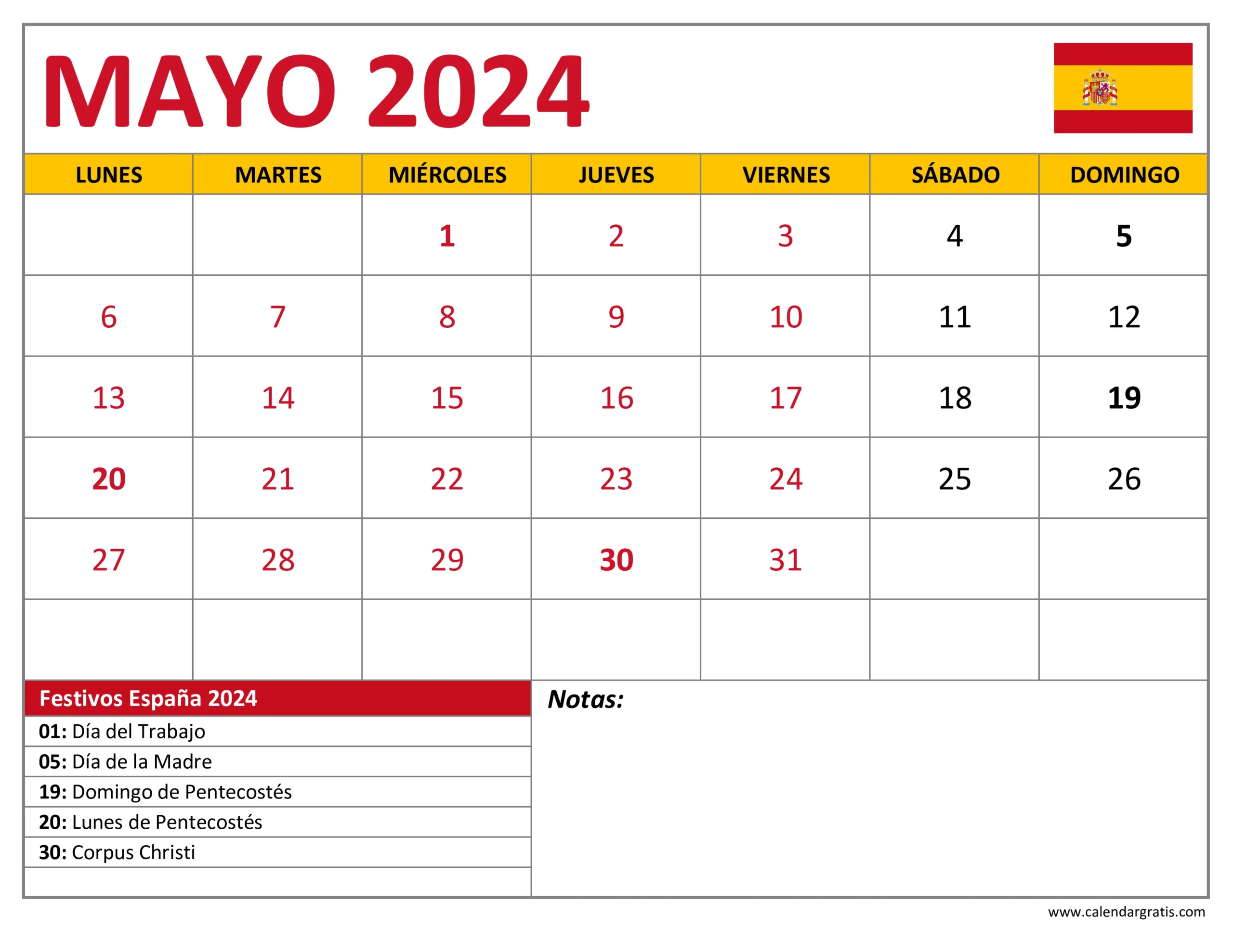 Calendario Mayo 2024 España con Festivos
