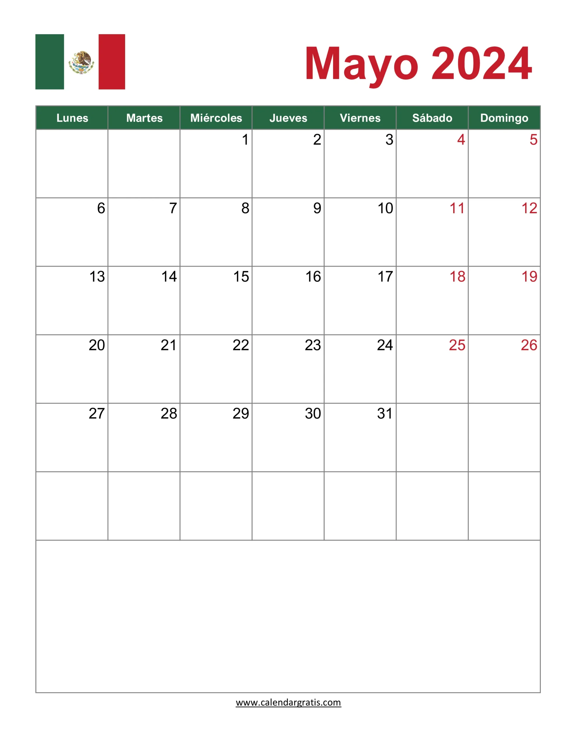 Un calendario para mayo de 2024 en español, con días de la semana de lunes a domingo y fechas dispuestas en filas con la bandera mexicana.