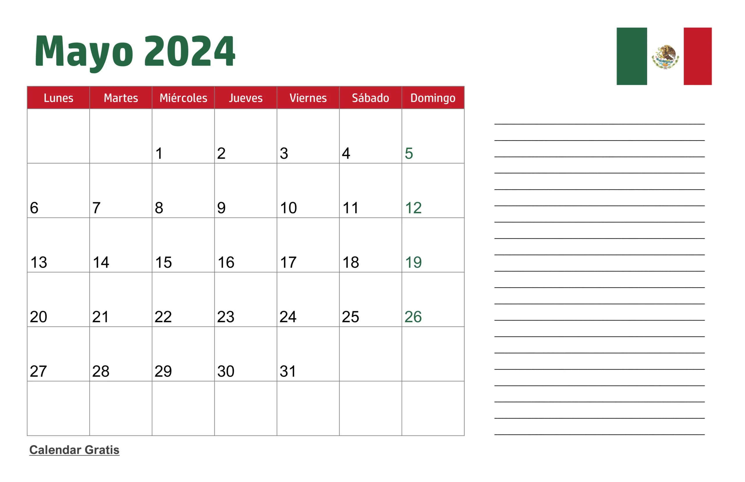 Calendario Mayo 2024 Mexico con Notas