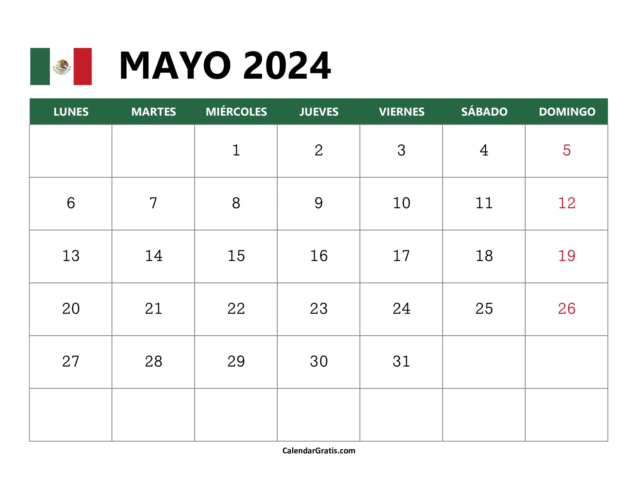 Calendario Mayo 2024 Mexico para Imprimir