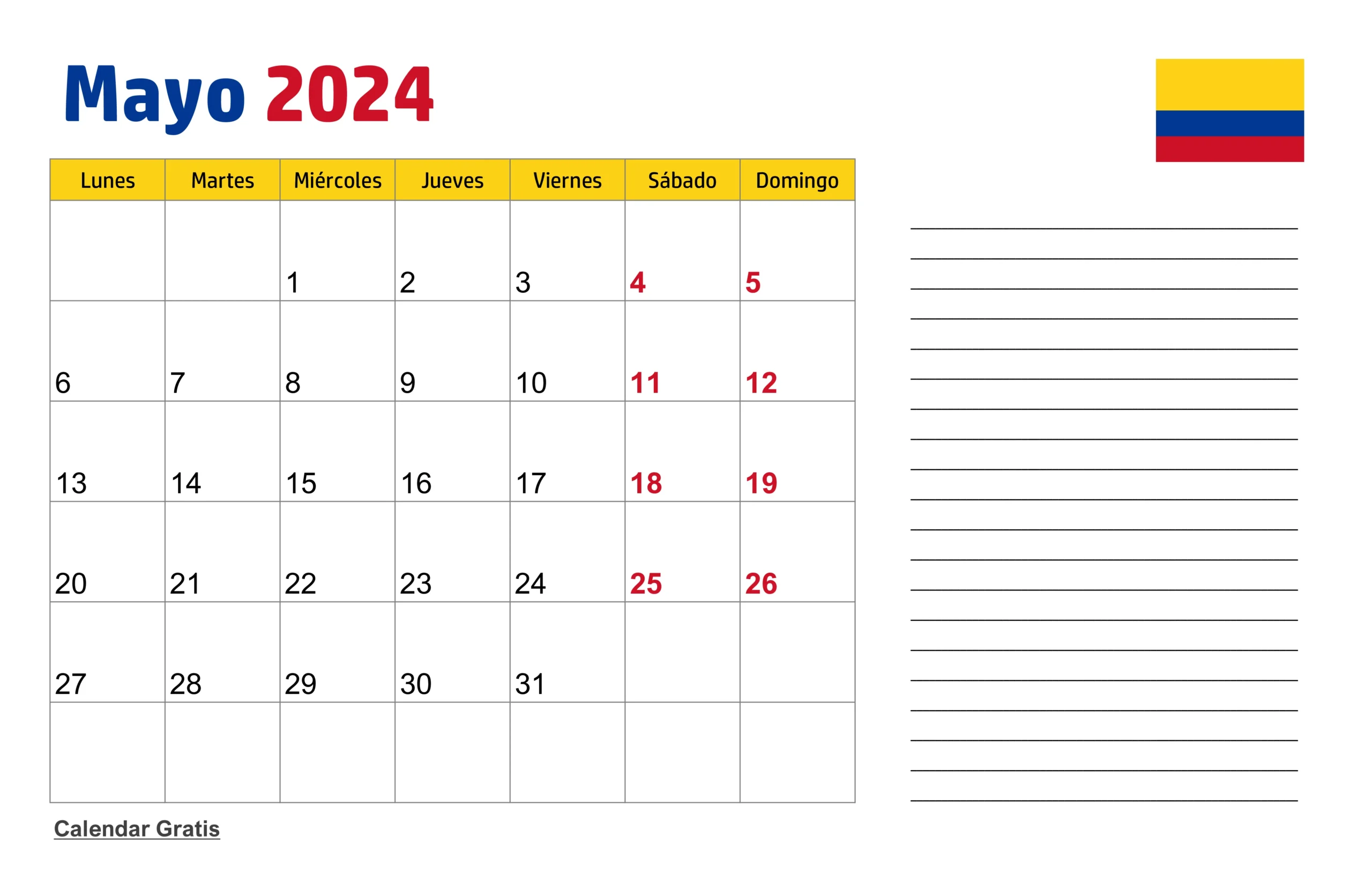 Calendario Mayo 2024 con Notas para Imprimir