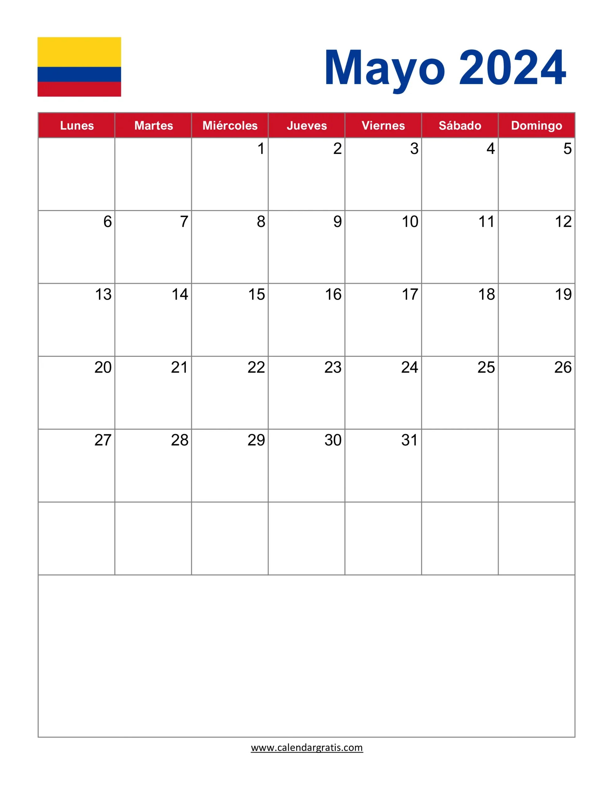 Calendario Mes de Mayo 2024 Colombia