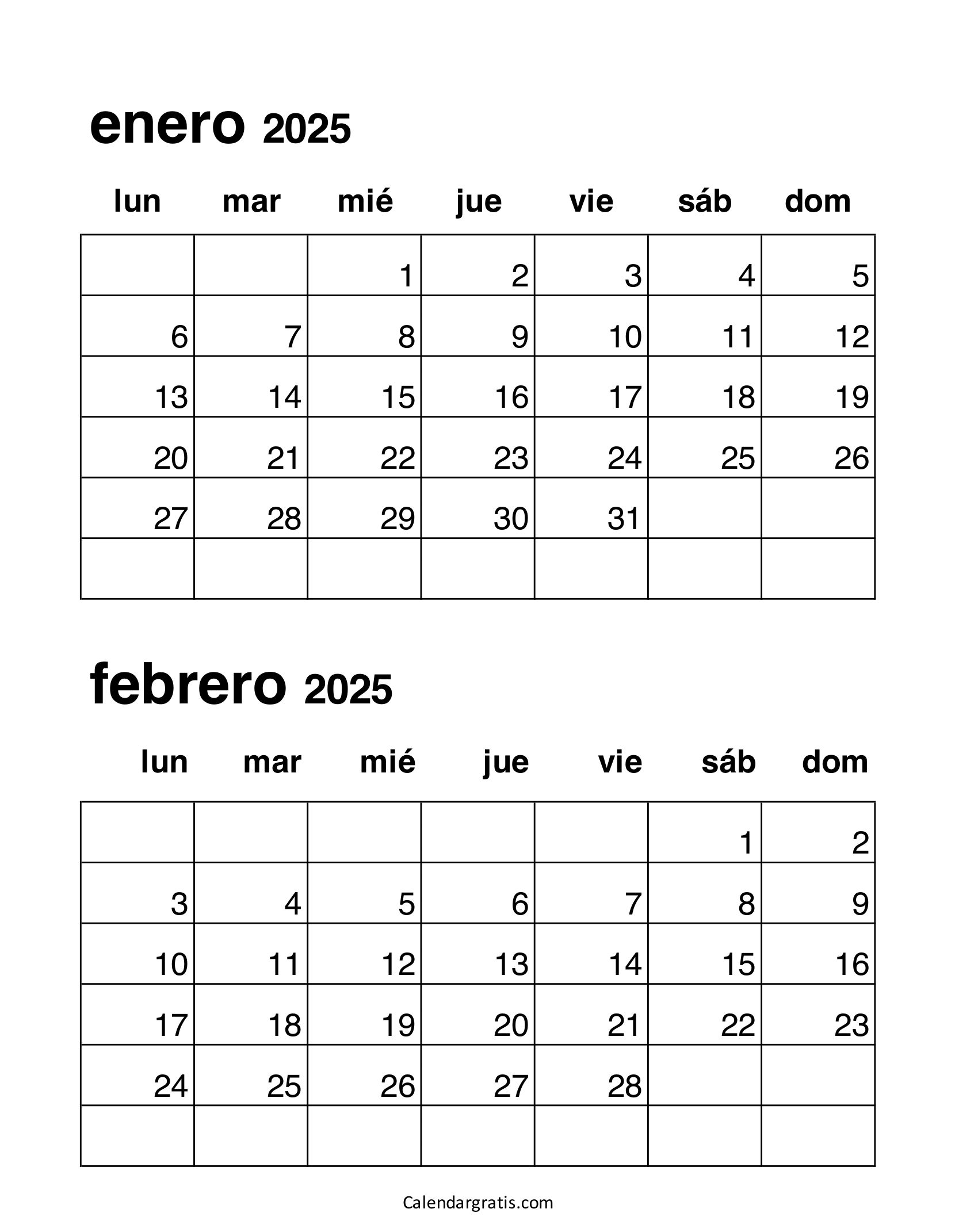 Calendario de enero febrero 2025