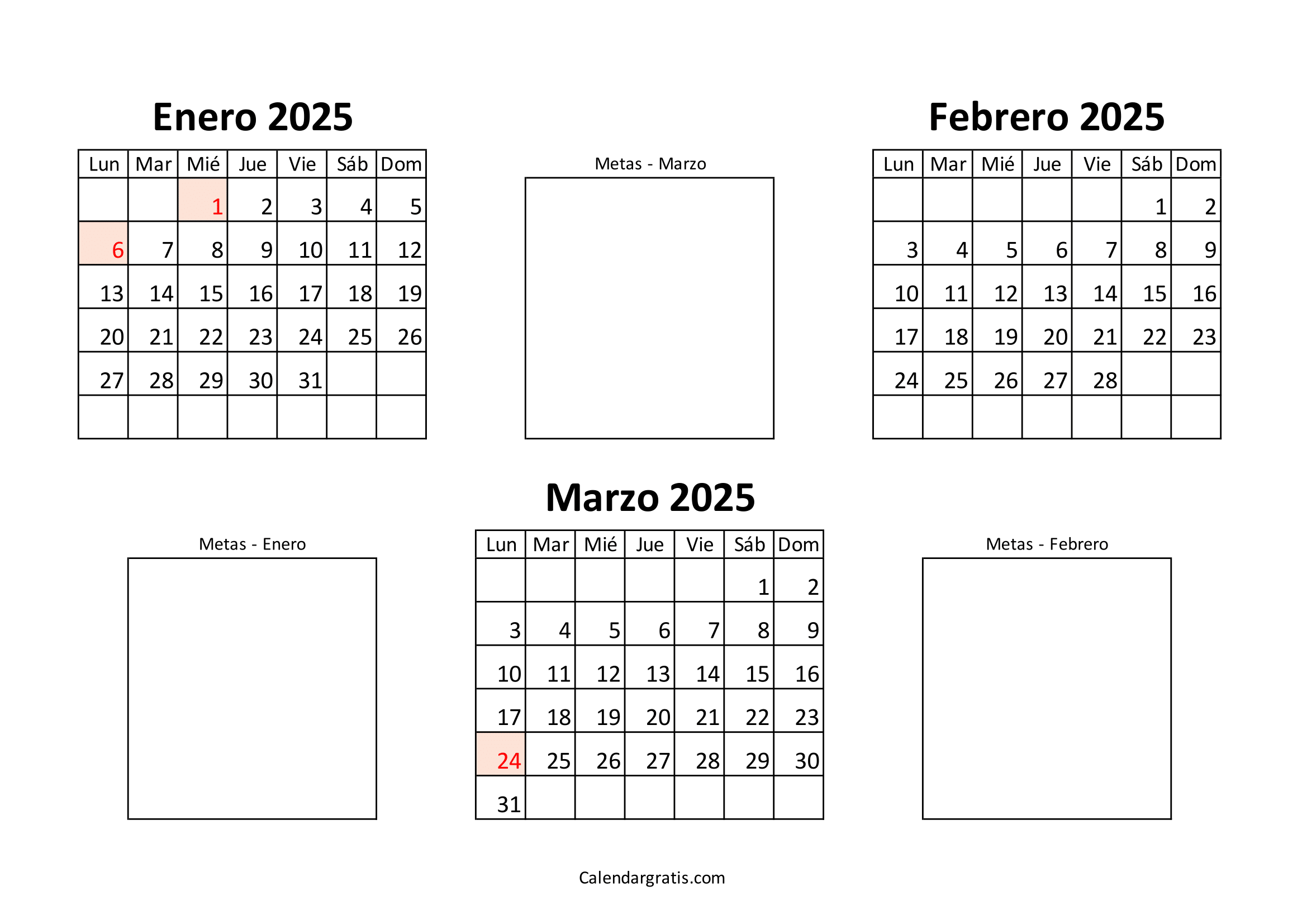 Calendario de enero febrero y marzo 2025 Colombia