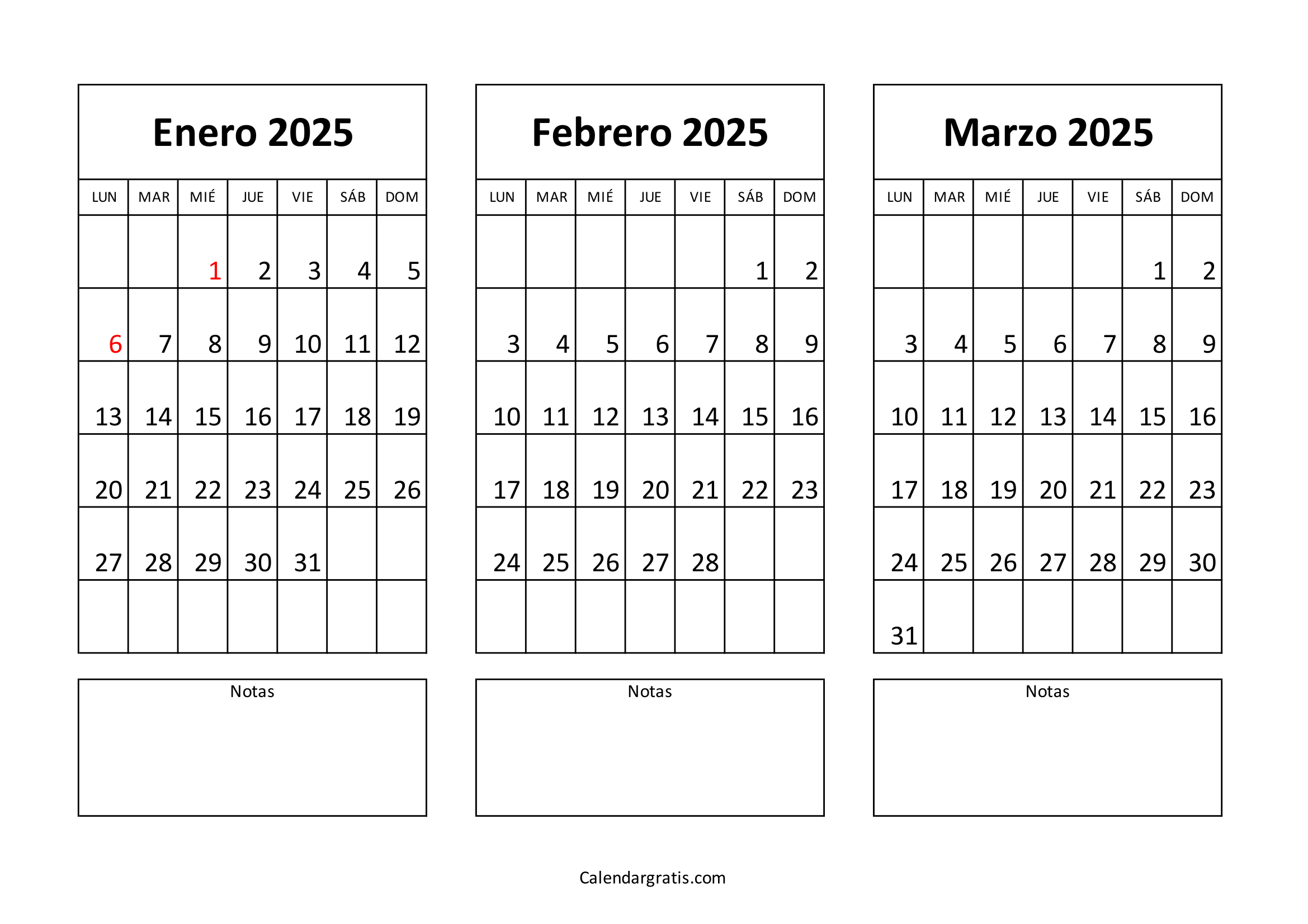 Calendario de enero febrero y marzo 2025 España