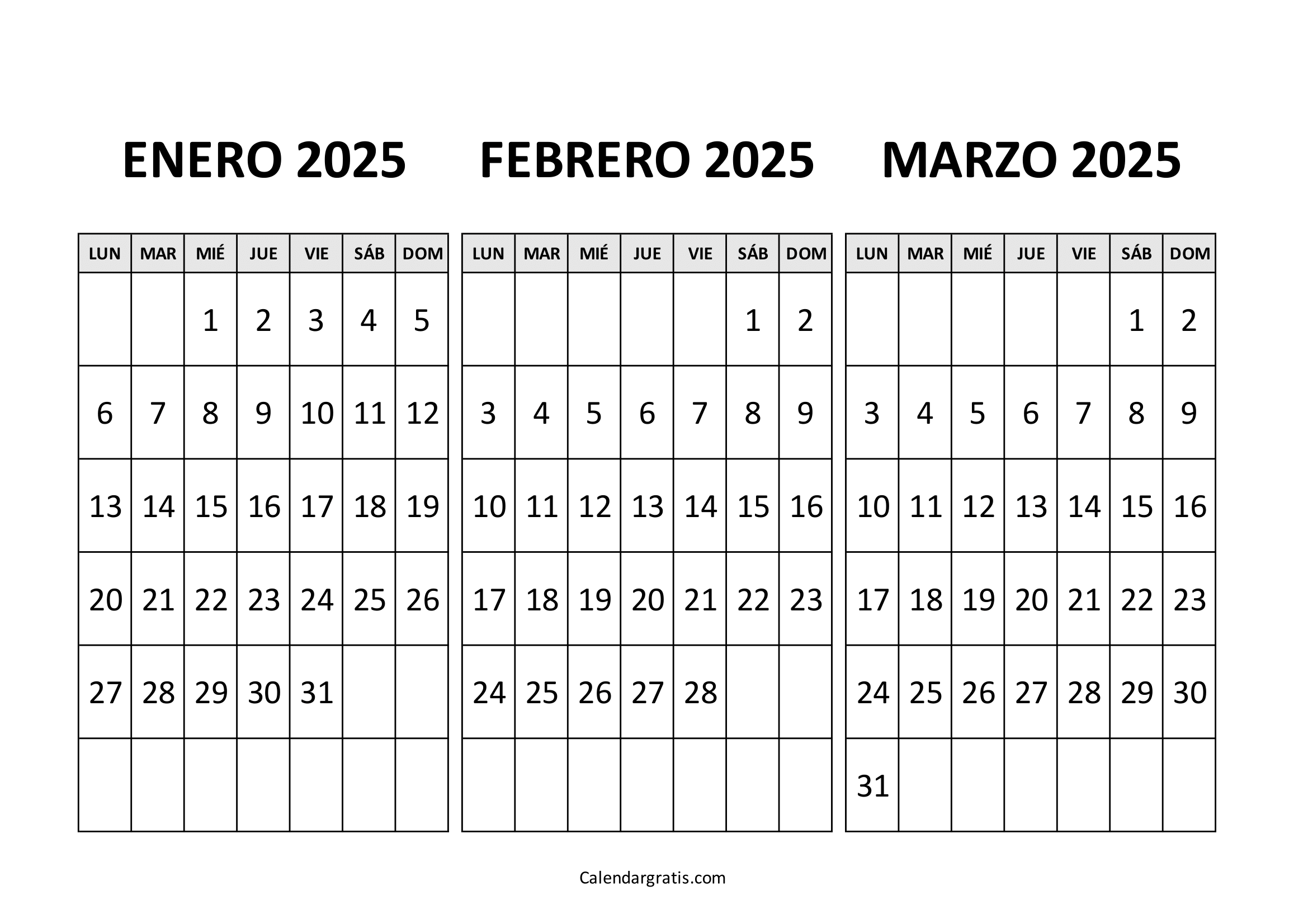 Calendario de enero febrero y marzo 2025 para imprimir
