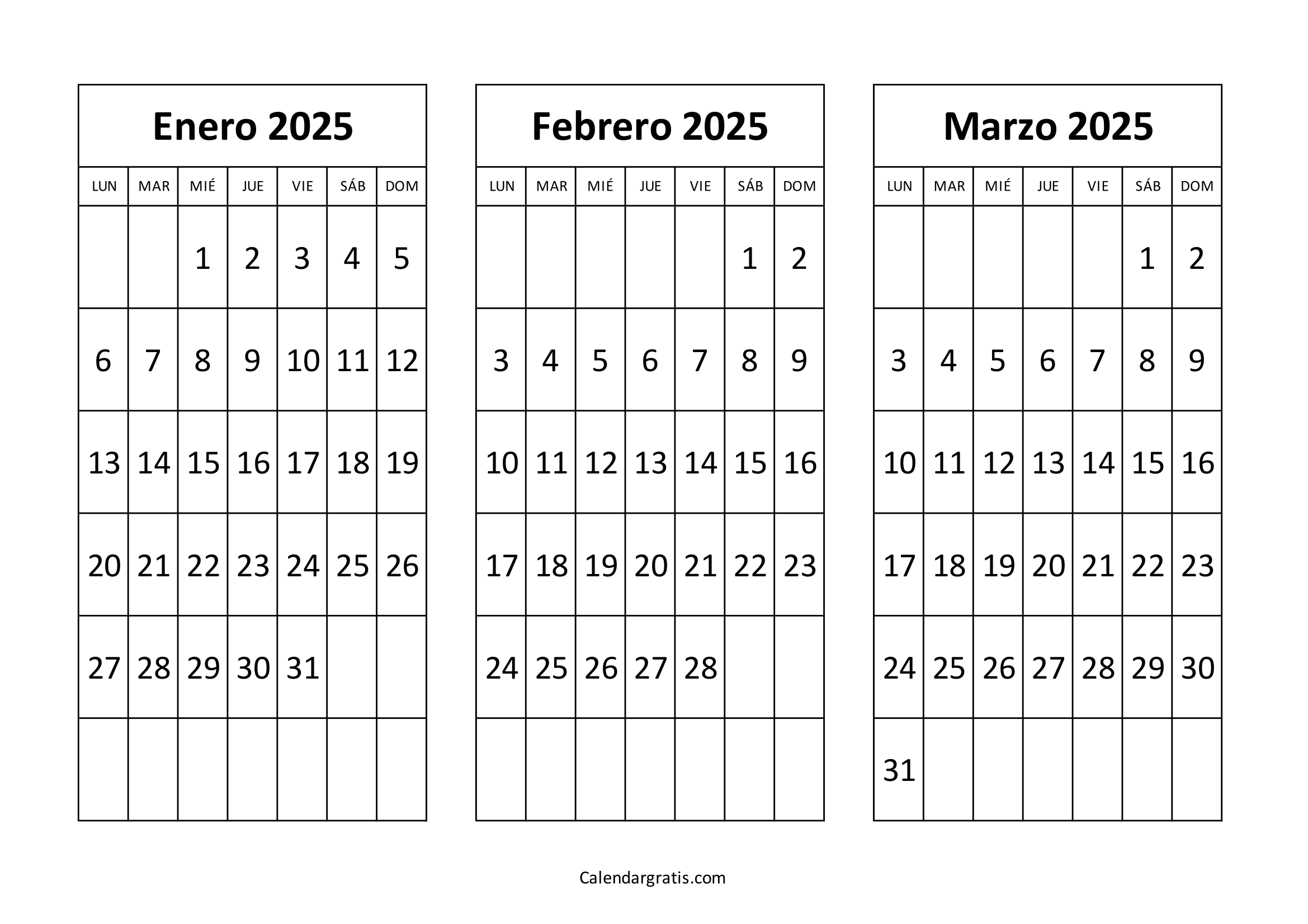 Calendario de enero febrero y marzo 2025
