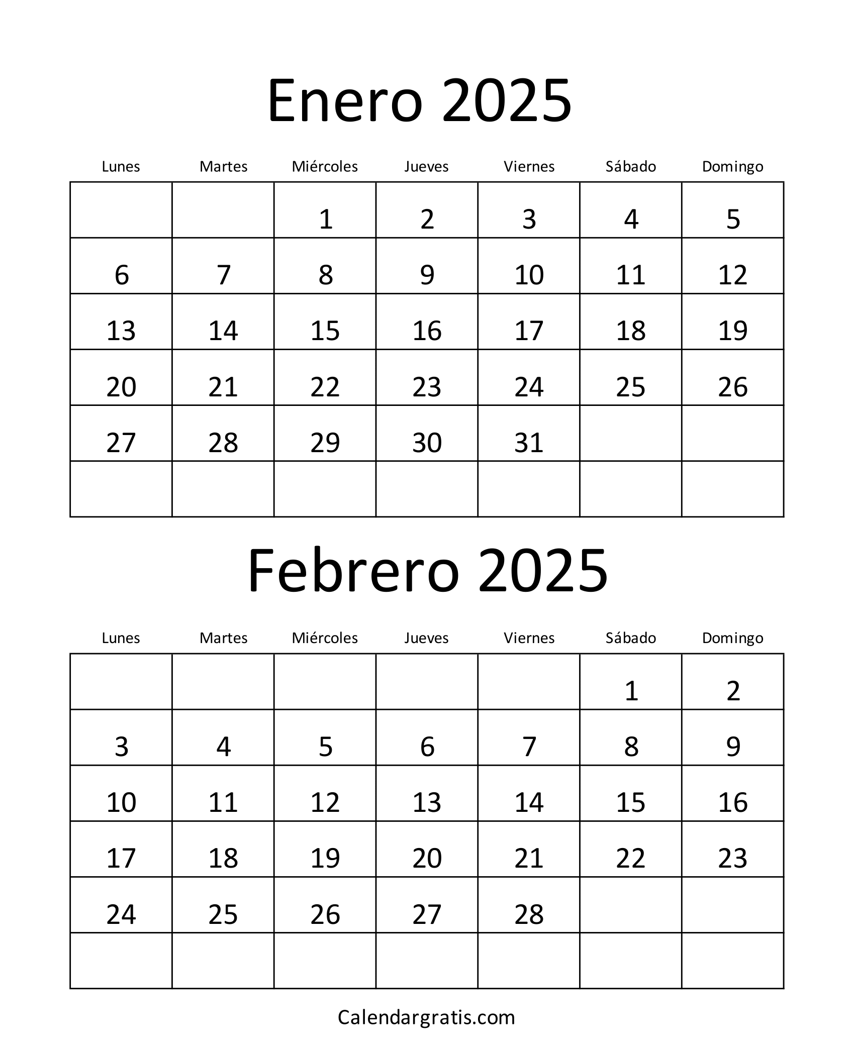 Calendario de enero y febrero 2025 para Imprimir