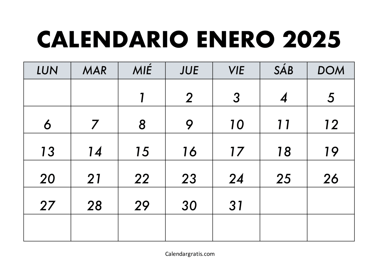 Calendario del mes de enero 2025 para imprimir gratis