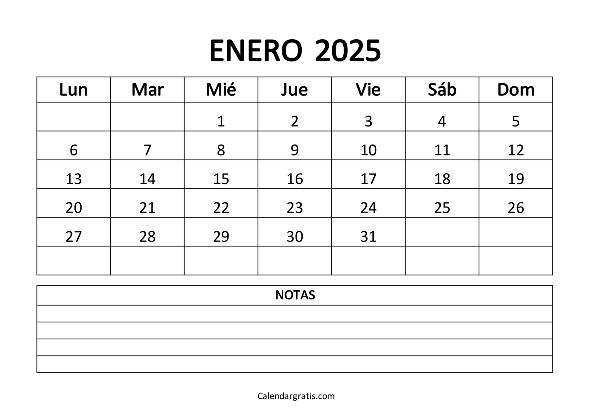 Calendario del mes de enero 2025 para imprimir gratis