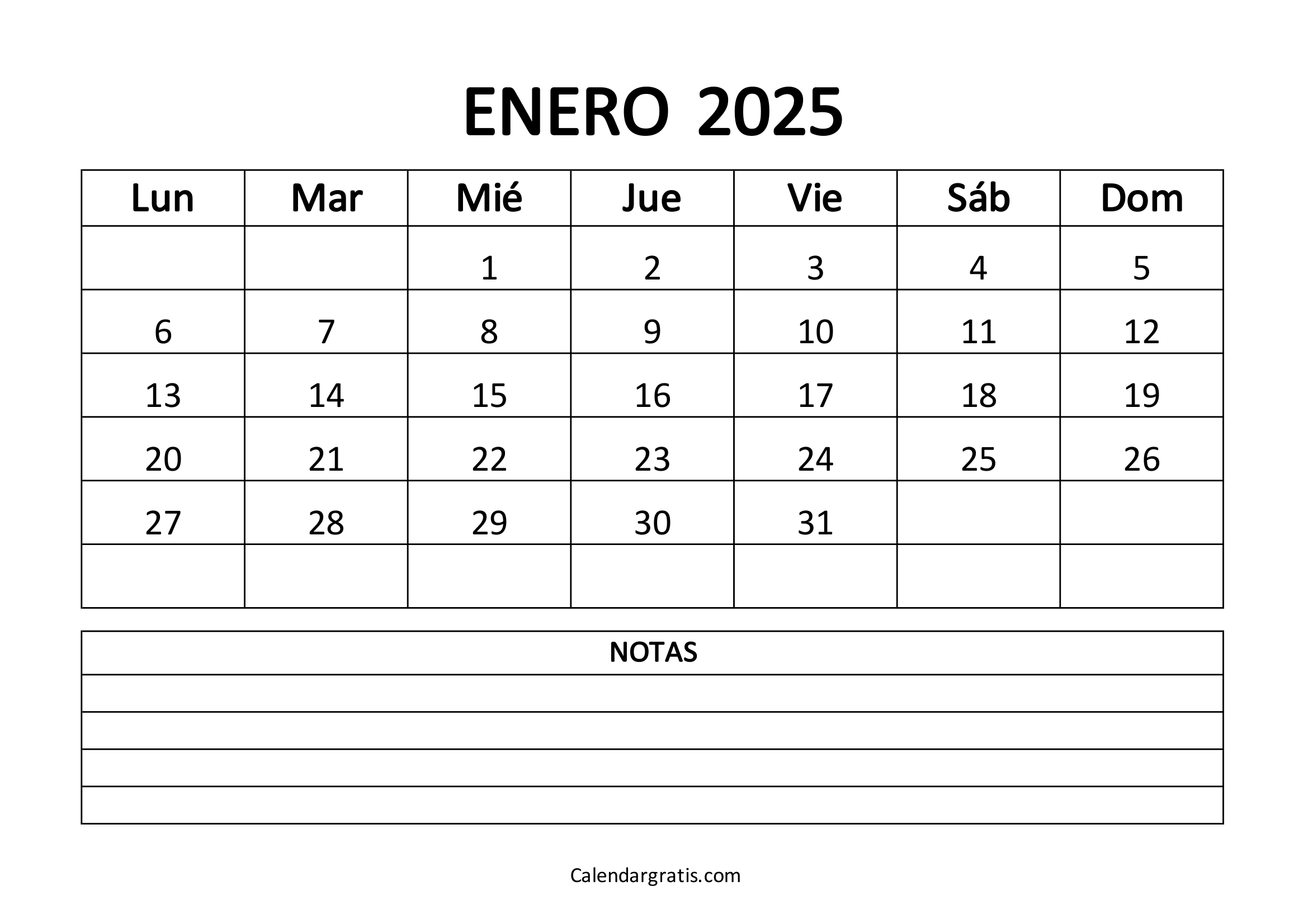 Calendario del mes de enero 2025 para imprimir gratis