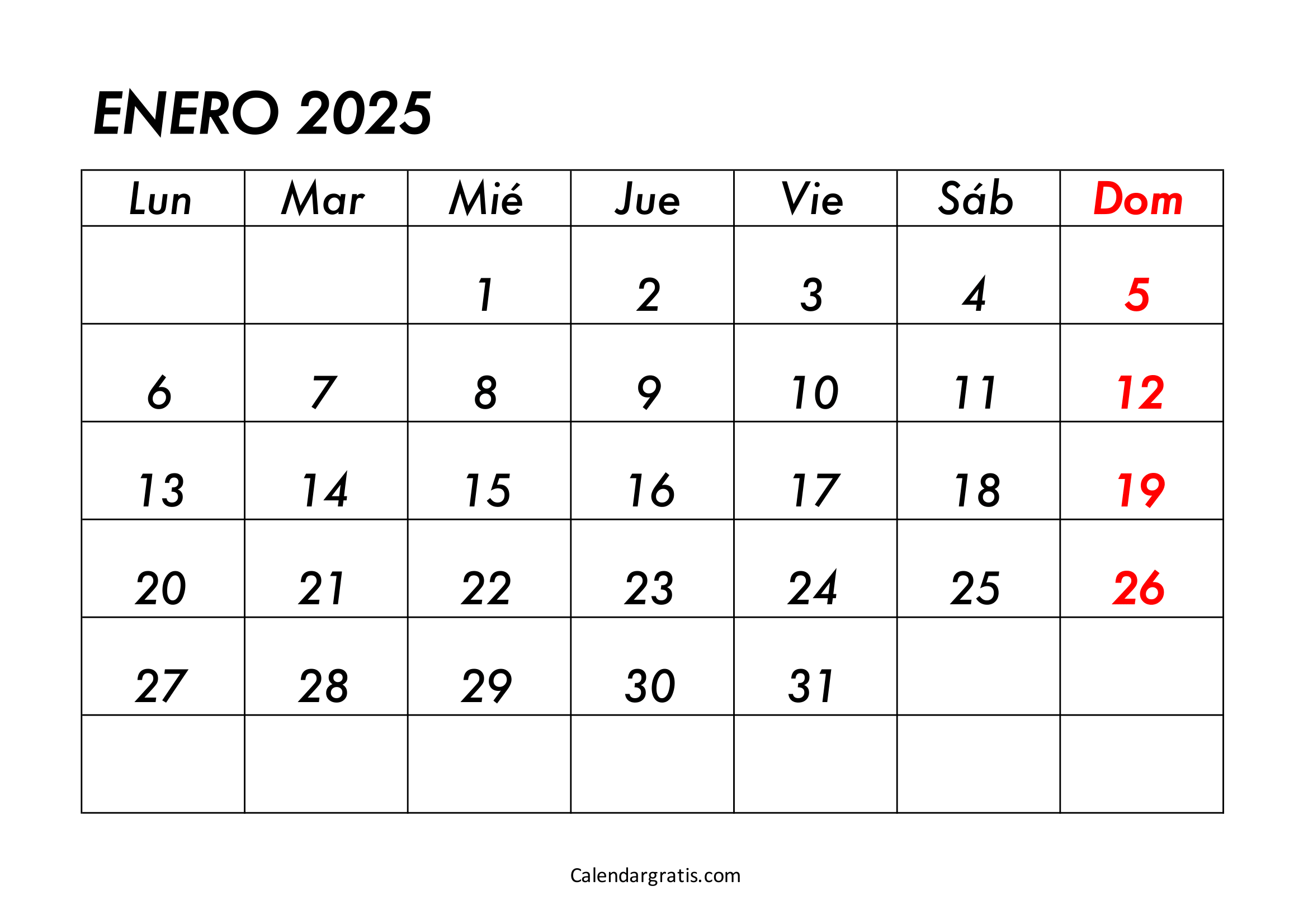 Calendario del mes de enero 2025 para imprimir