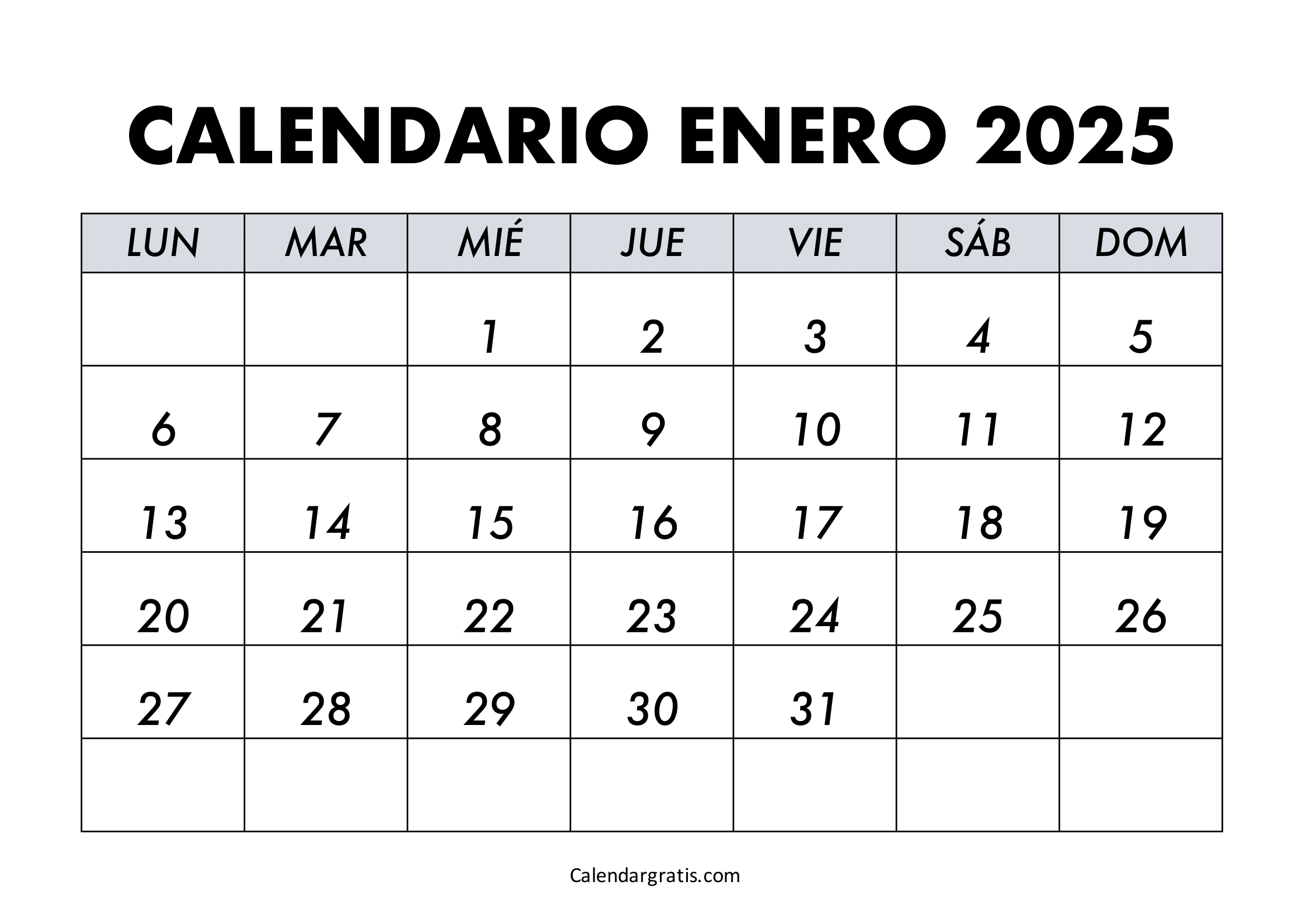 Calendario del mes de enero 2025