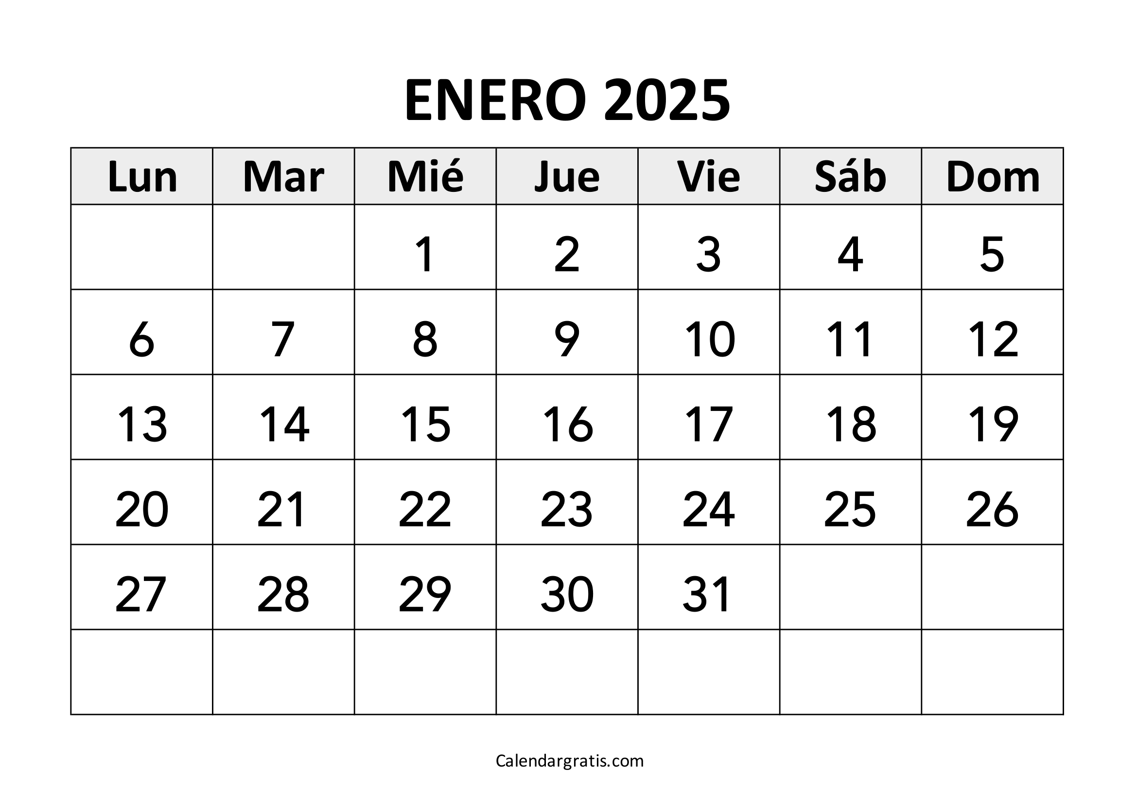 Calendario del mes de enero del 2025