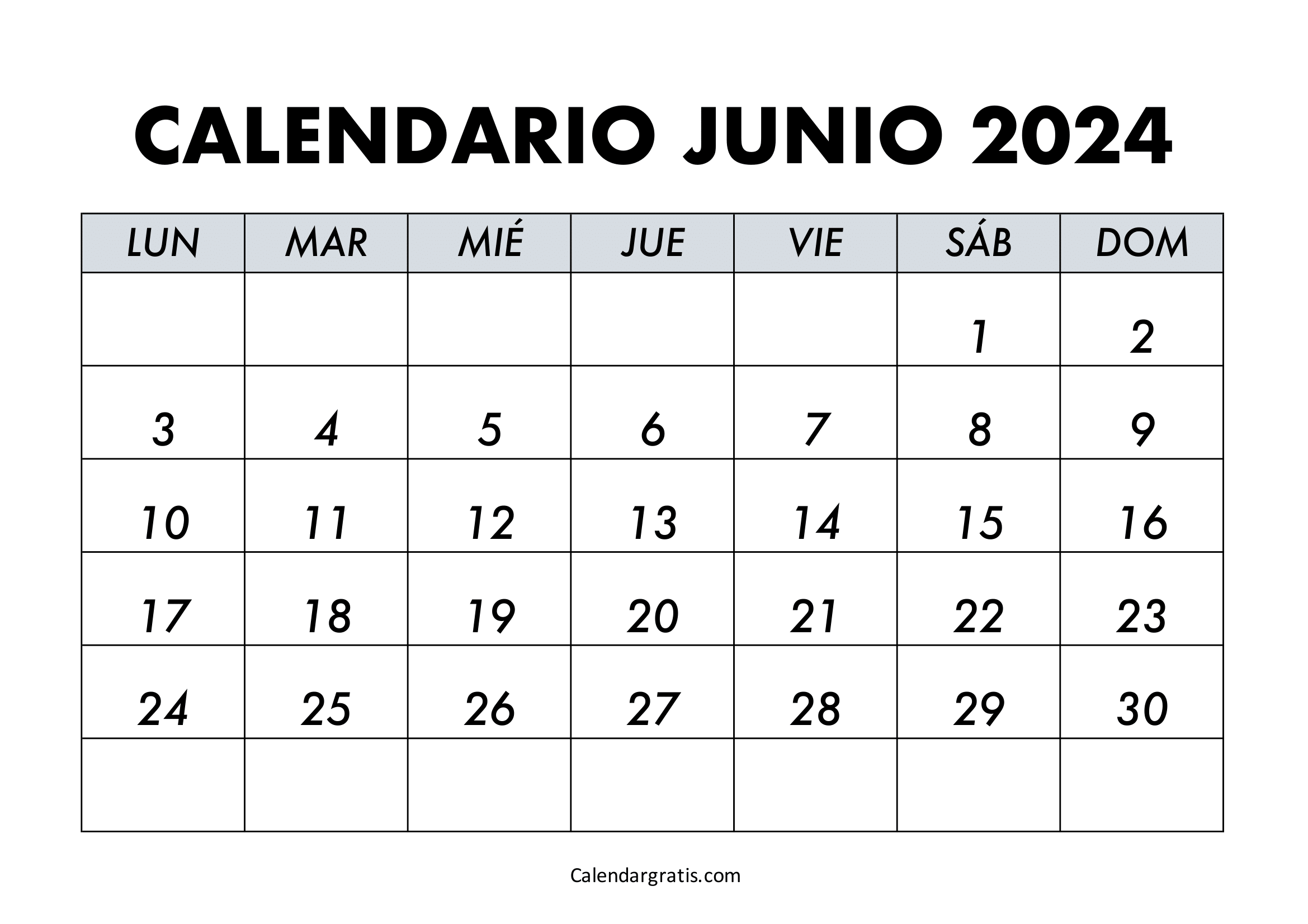 Calendario del mes de junio 2024 para imprimir gratis