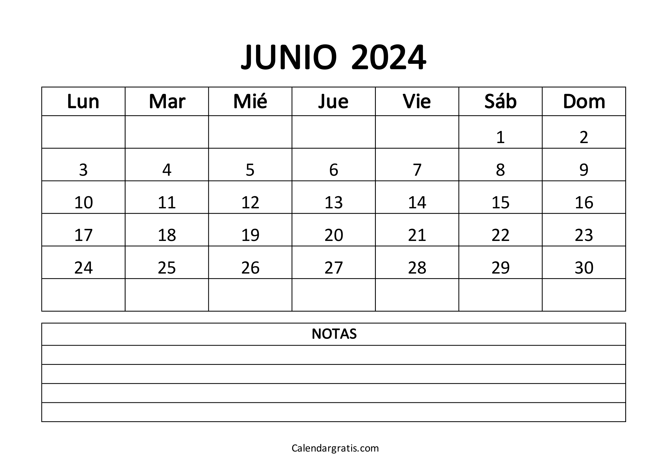 Calendario del mes de junio 2024 para imprimir