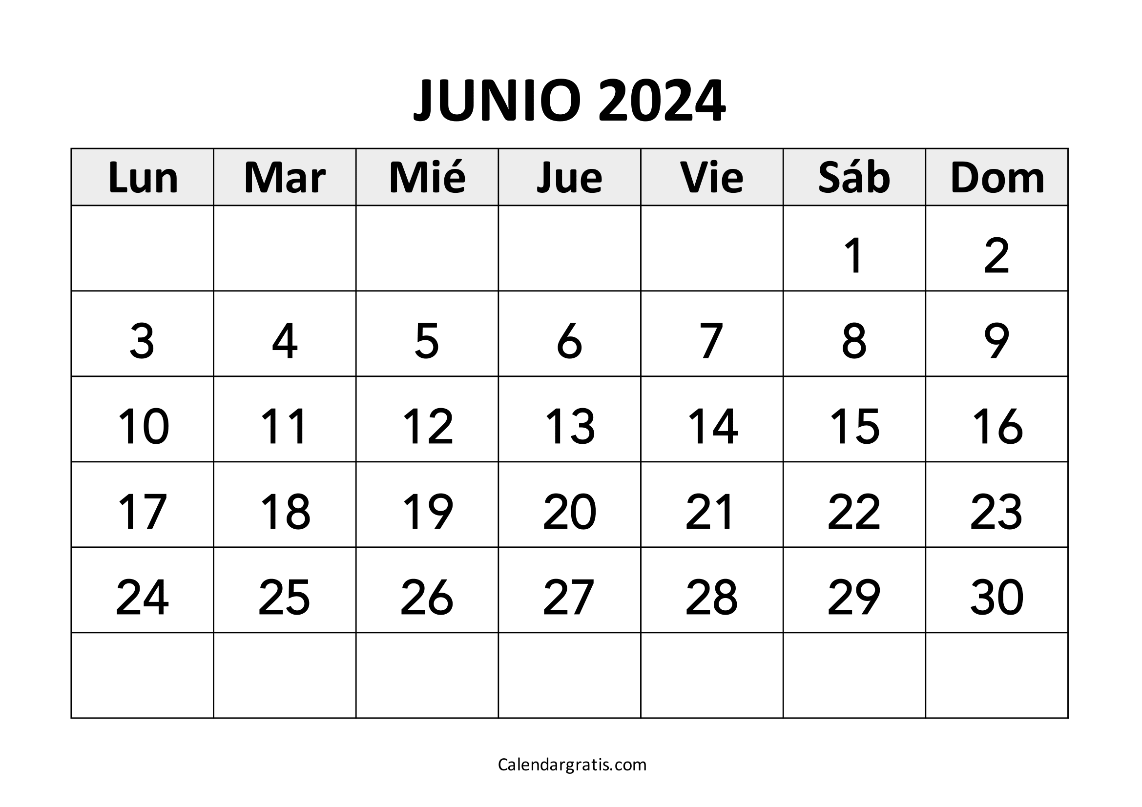 Calendario del mes de junio 2024