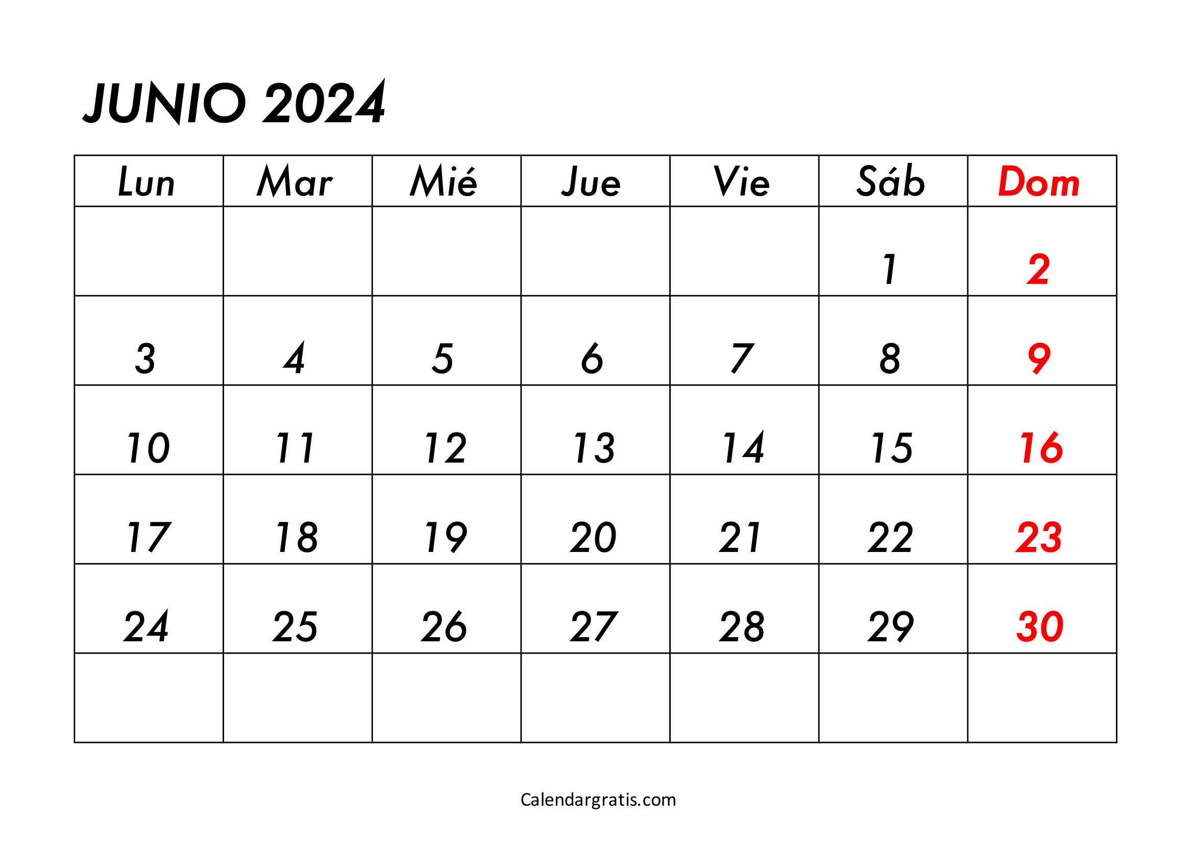 Calendario del mes de junio del 2024