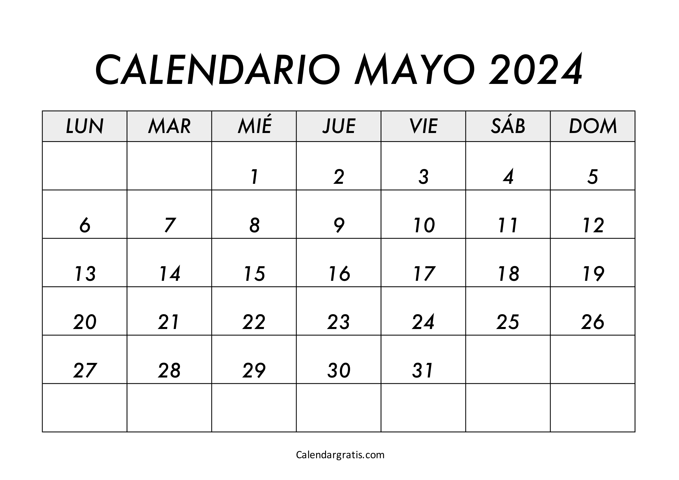 Calendario del mes de mayo 2024 para imprimir gratis