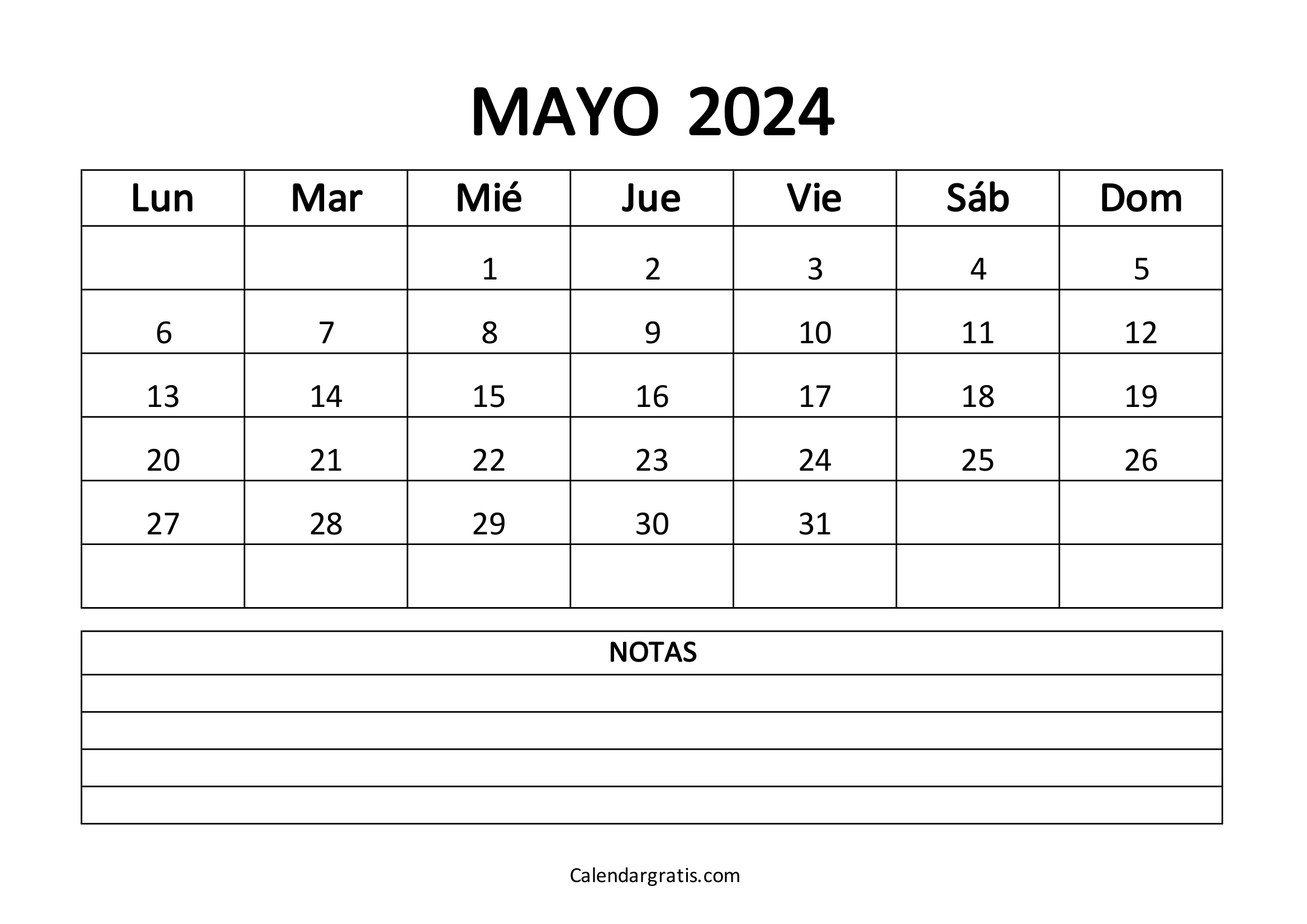 Calendario del mes de mayo 2024 para imprimir