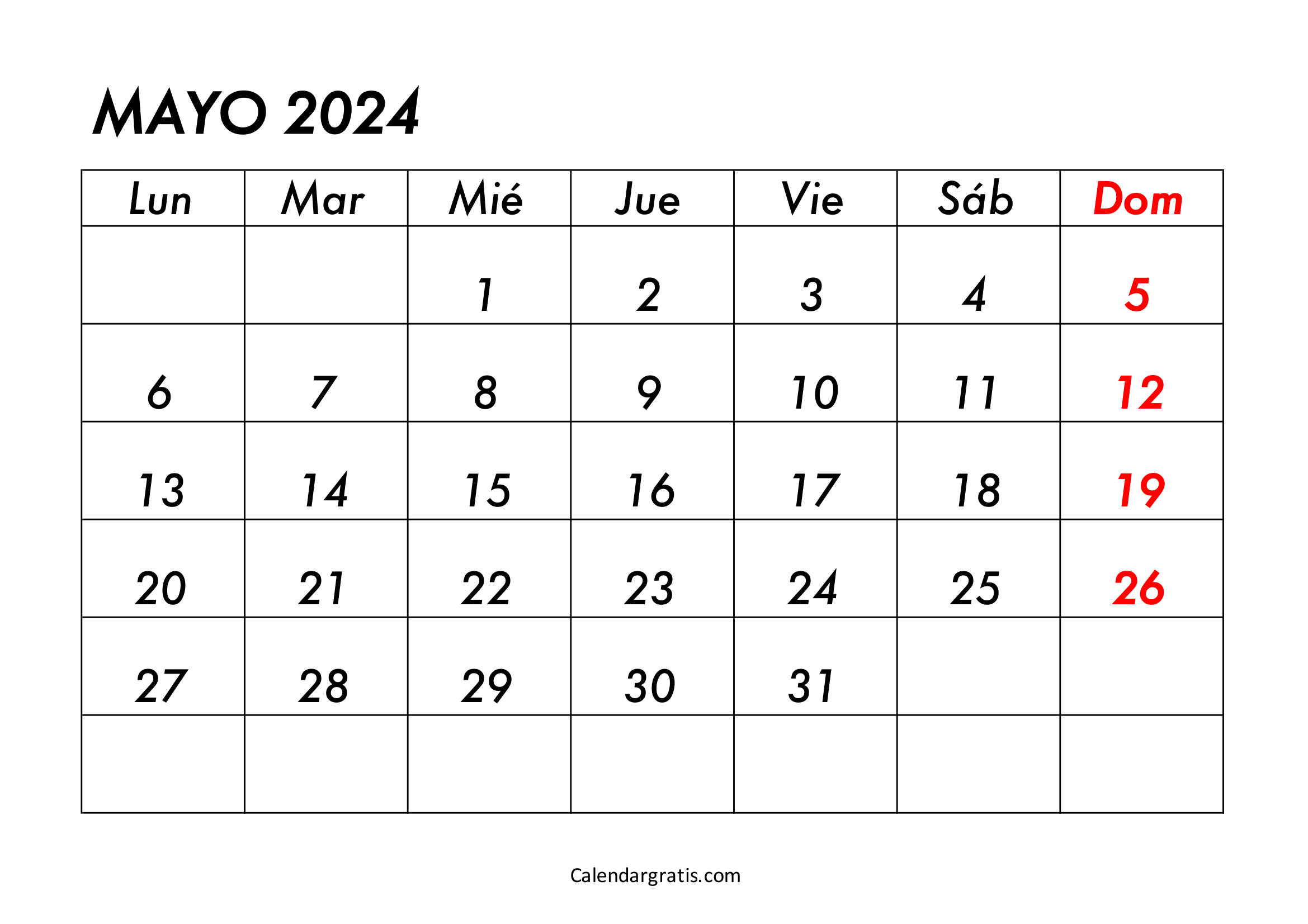 Calendario del mes de mayo del 2024