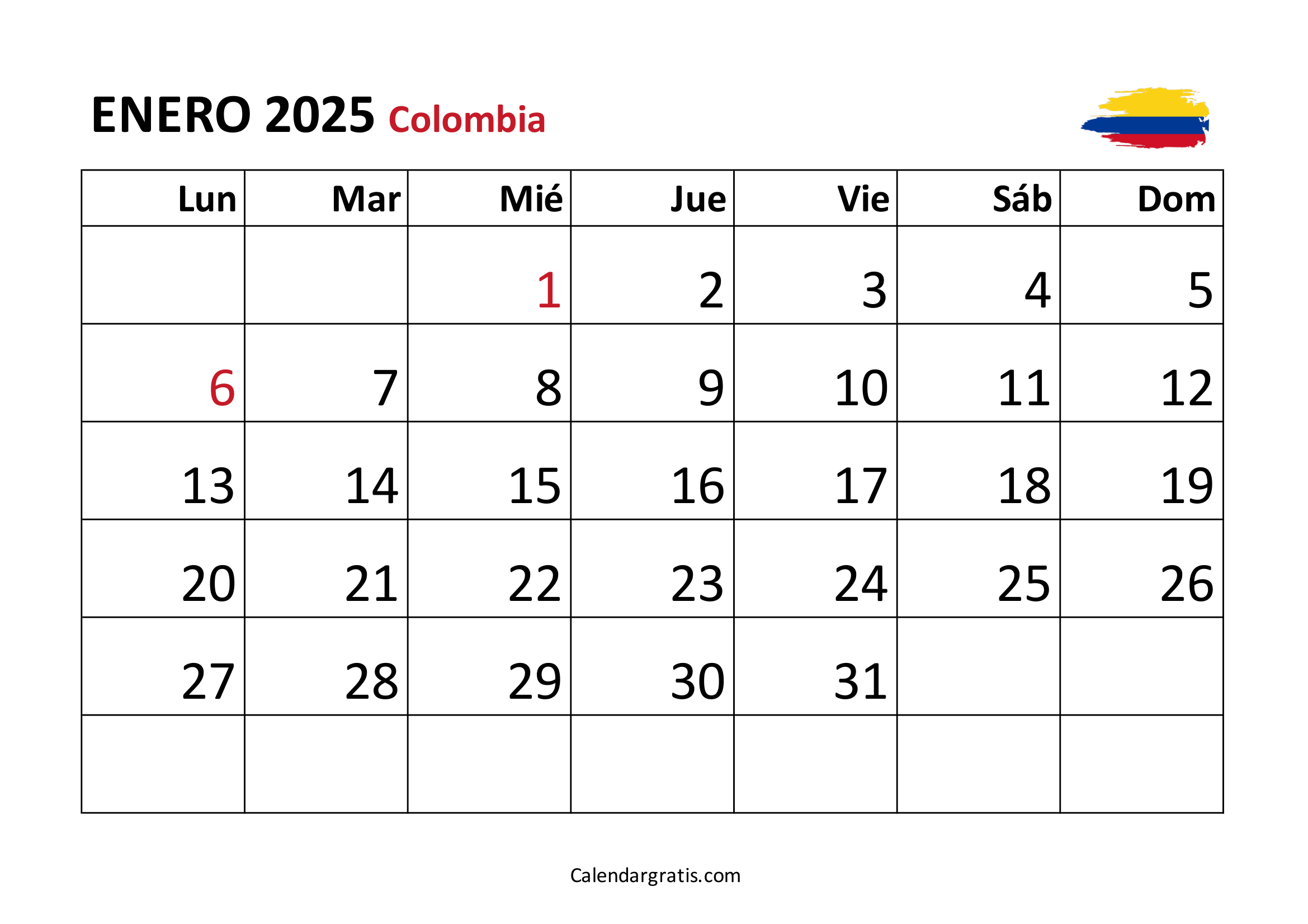 Calendario enero 2025 Colombia