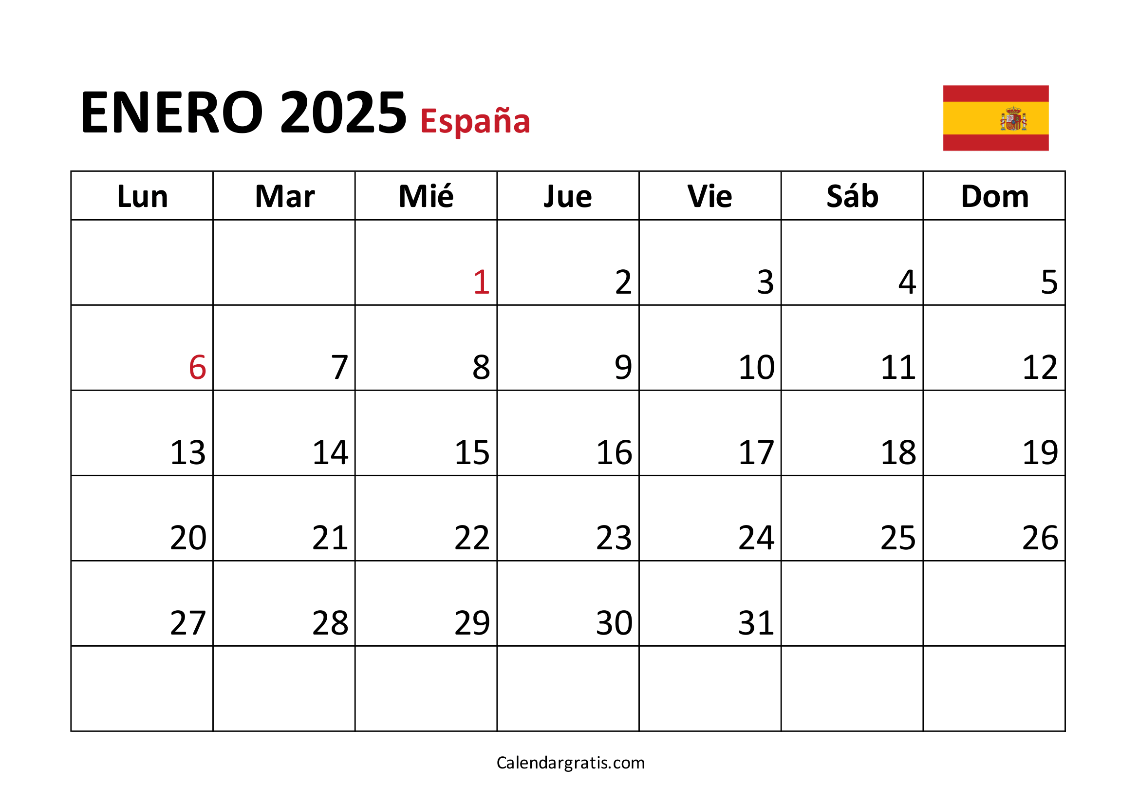 Calendario enero 2025 España