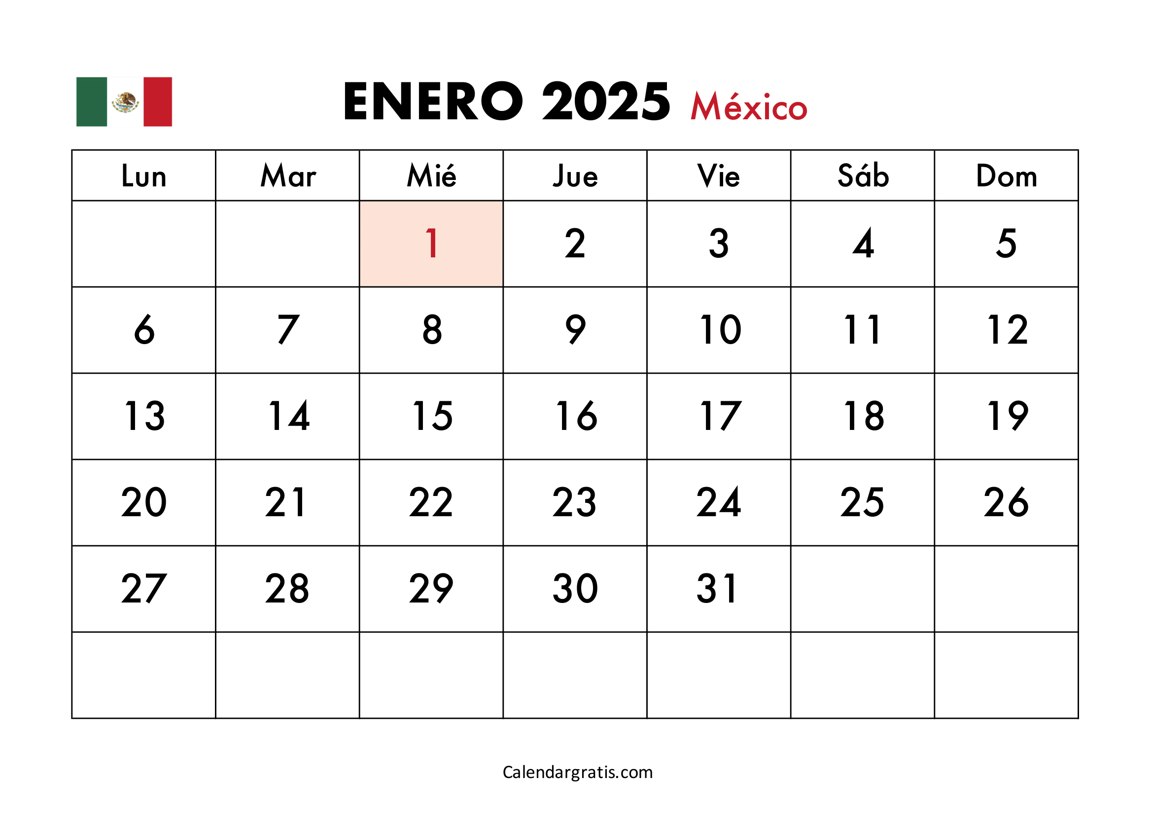 Calendario enero 2025 México