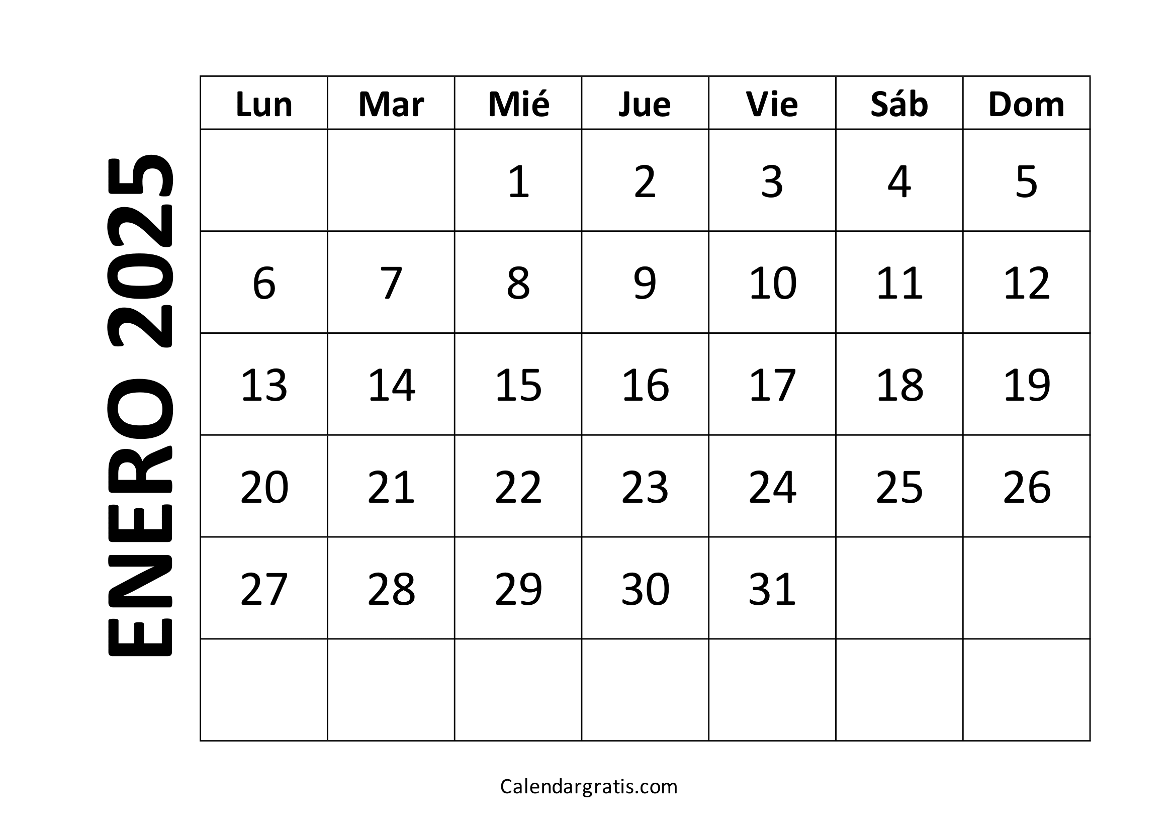 Calendario enero 2025 para imprimir