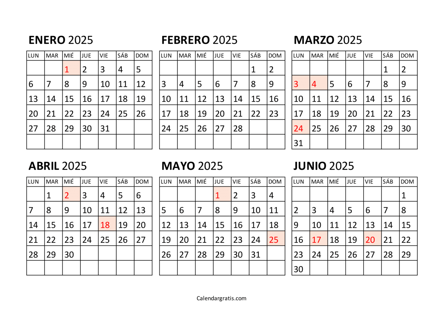Calendario enero a junio 2025 para imprimir gratis Con festivos
