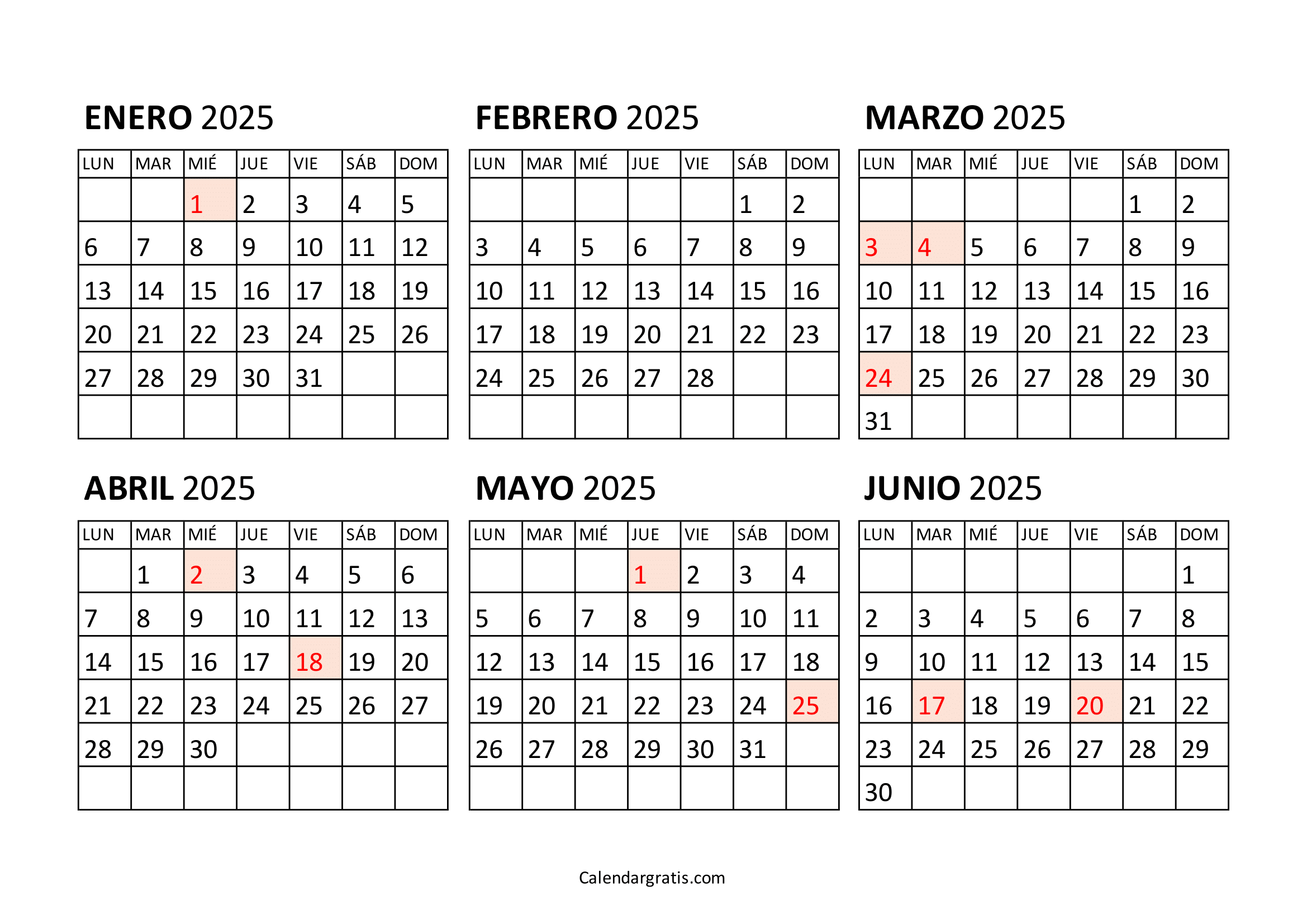 Calendario enero a junio 2025 Argentina