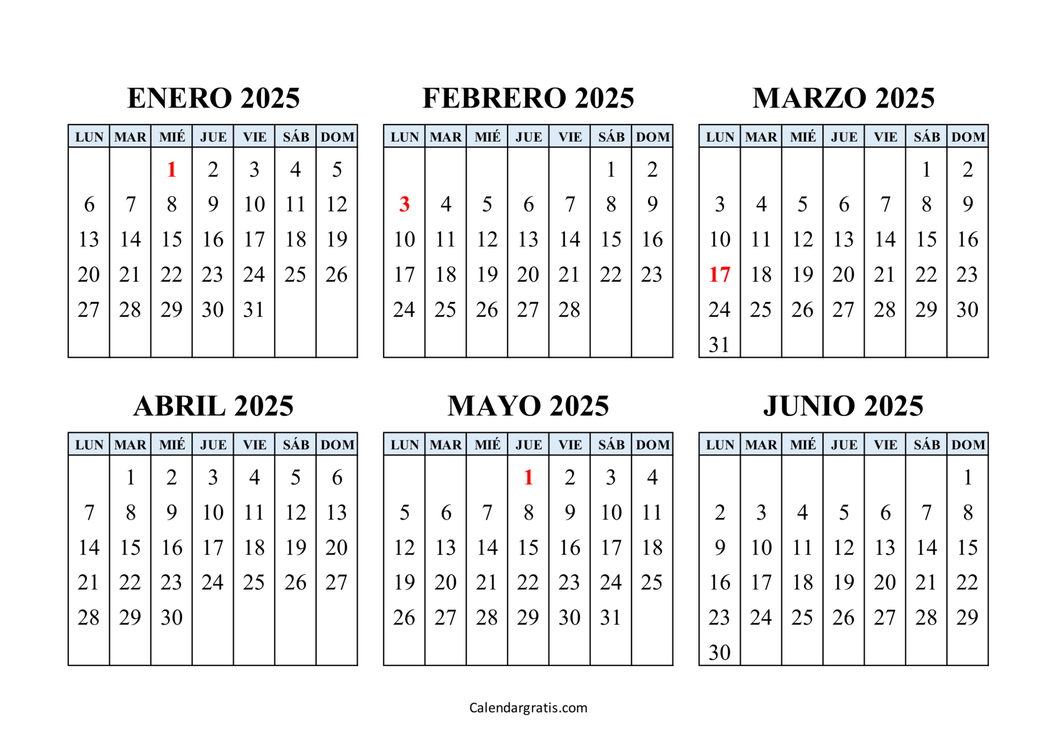 Calendario enero a junio 2025 para imprimir gratis Con festivos